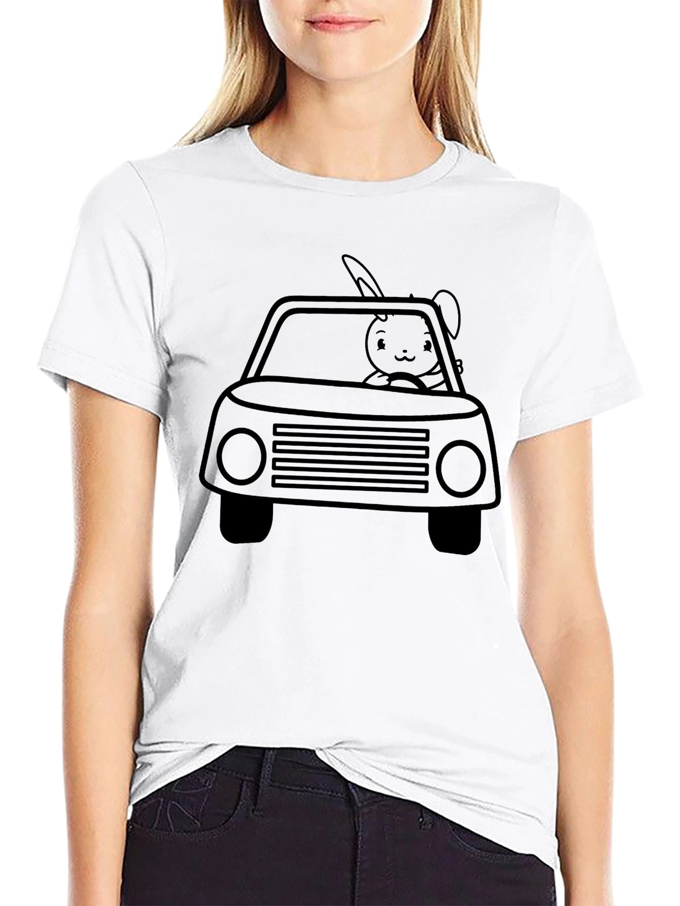 Bunny Car Graphic Tee - Black Crew Neck Shirt