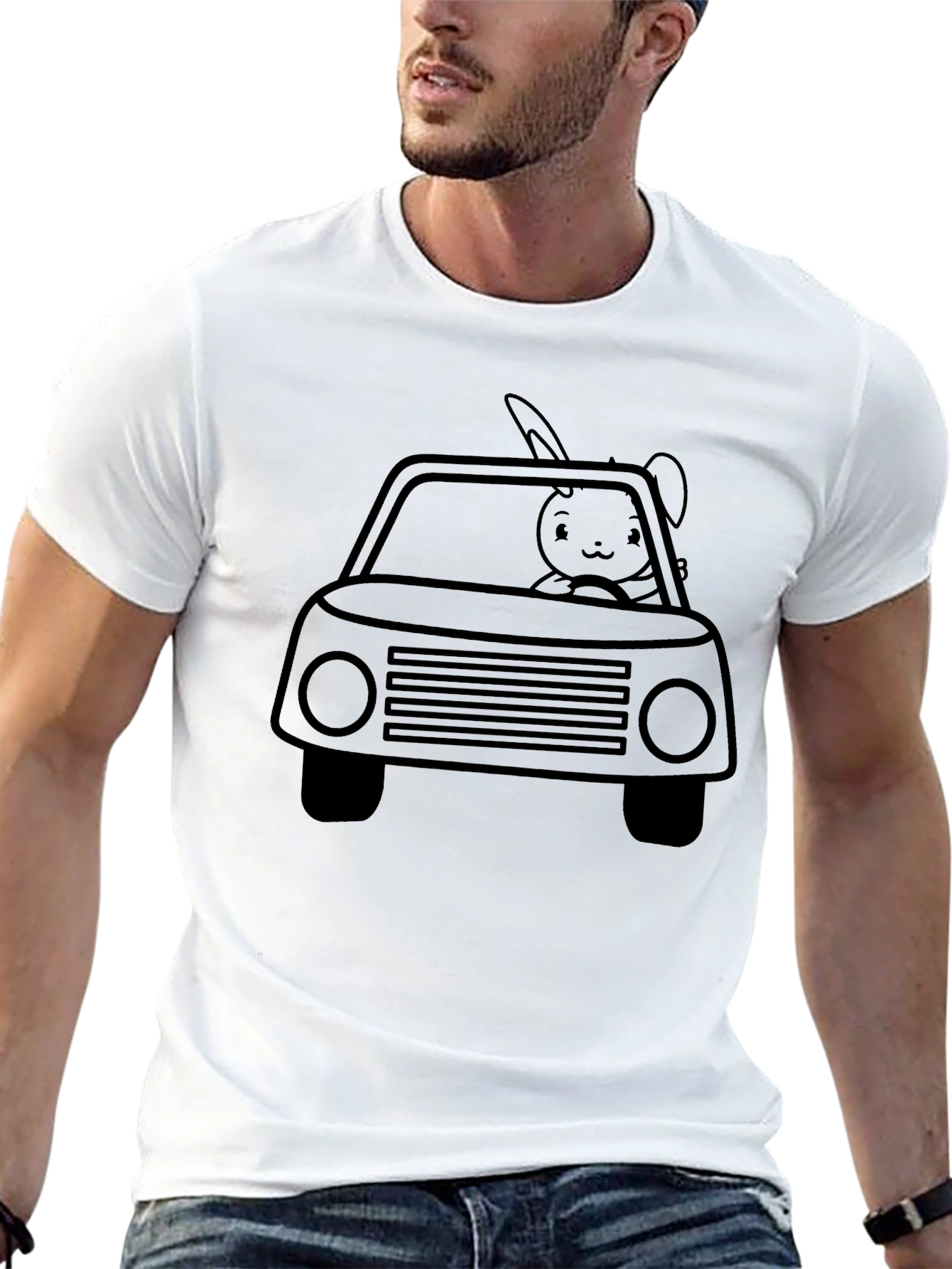 Bunny Car Graphic Tee - Black Crew Neck Shirt