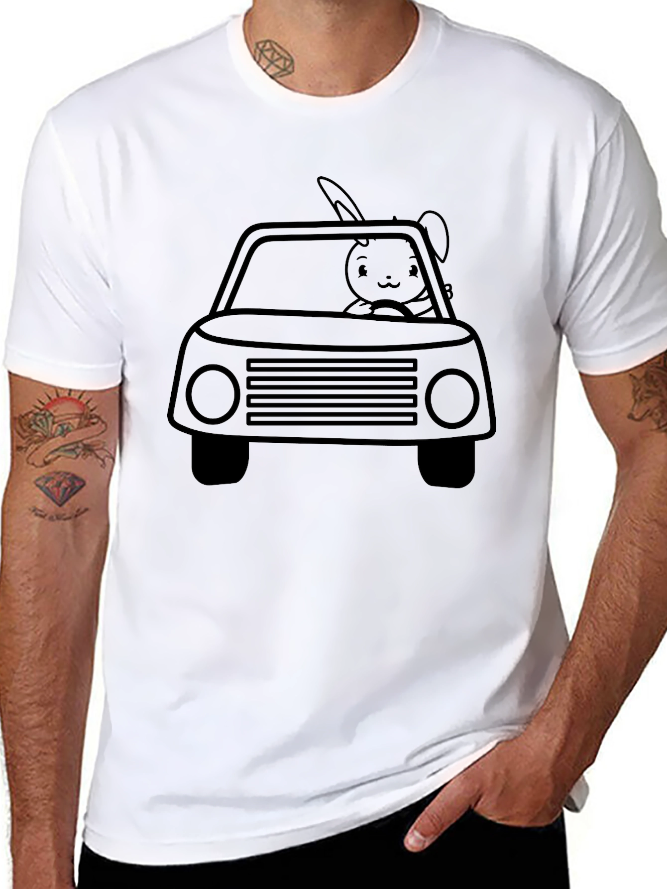 Bunny Car Graphic Tee - Black Crew Neck Shirt