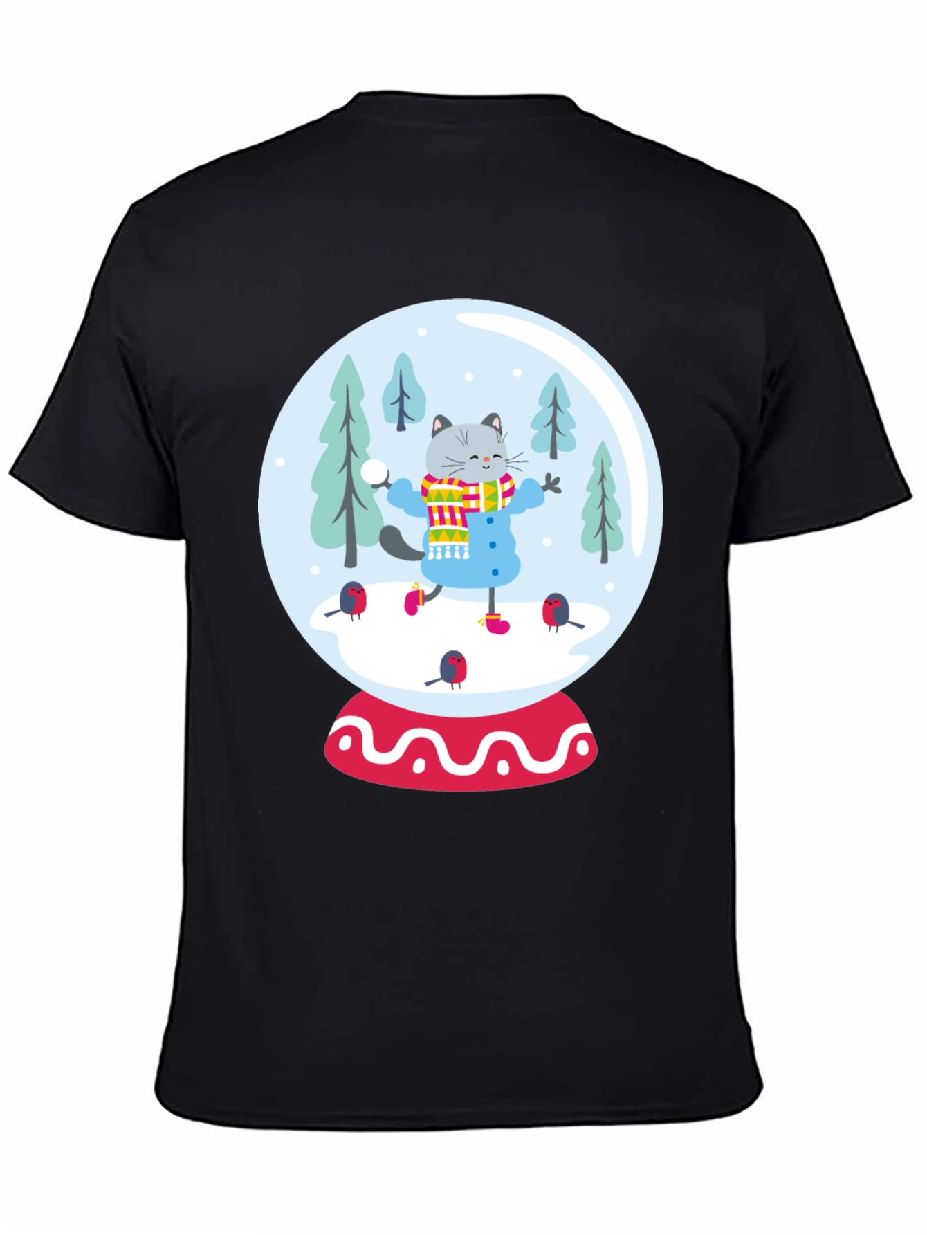 Festive Cat Snow Globe Graphic Tee - Black