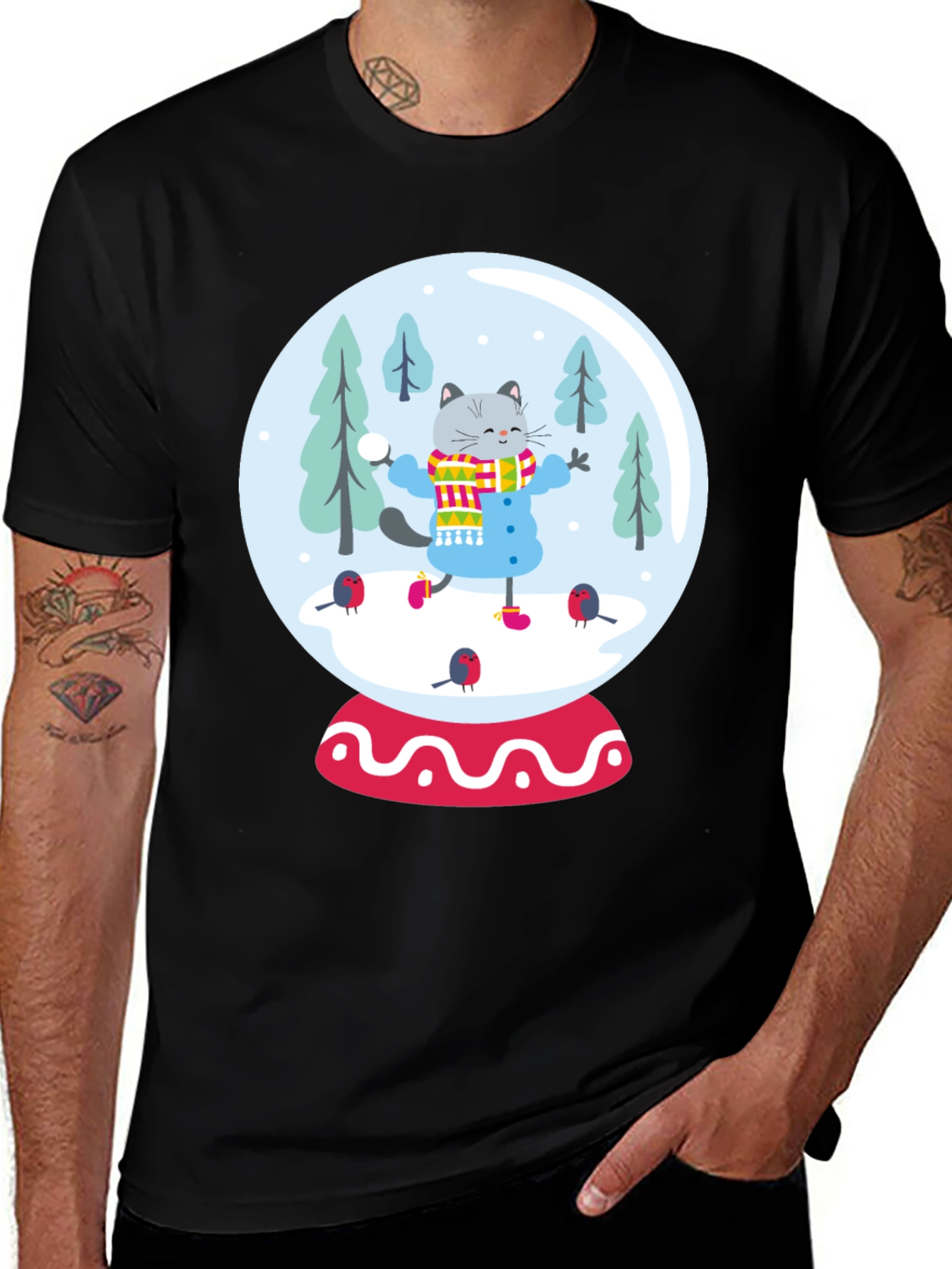 Festive Cat Snow Globe Graphic Tee - Black