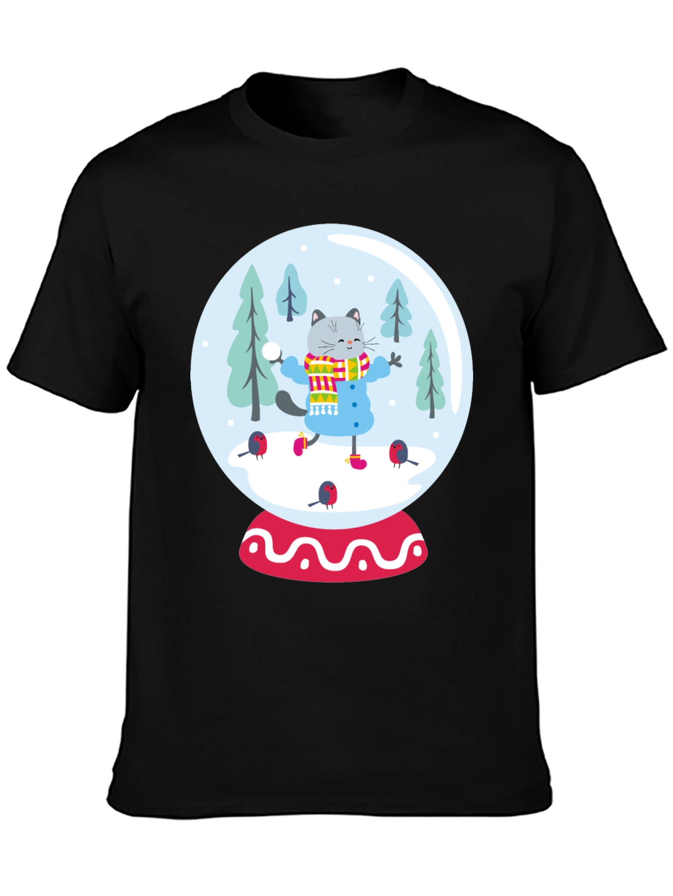 Festive Cat Snow Globe Graphic Tee - Black