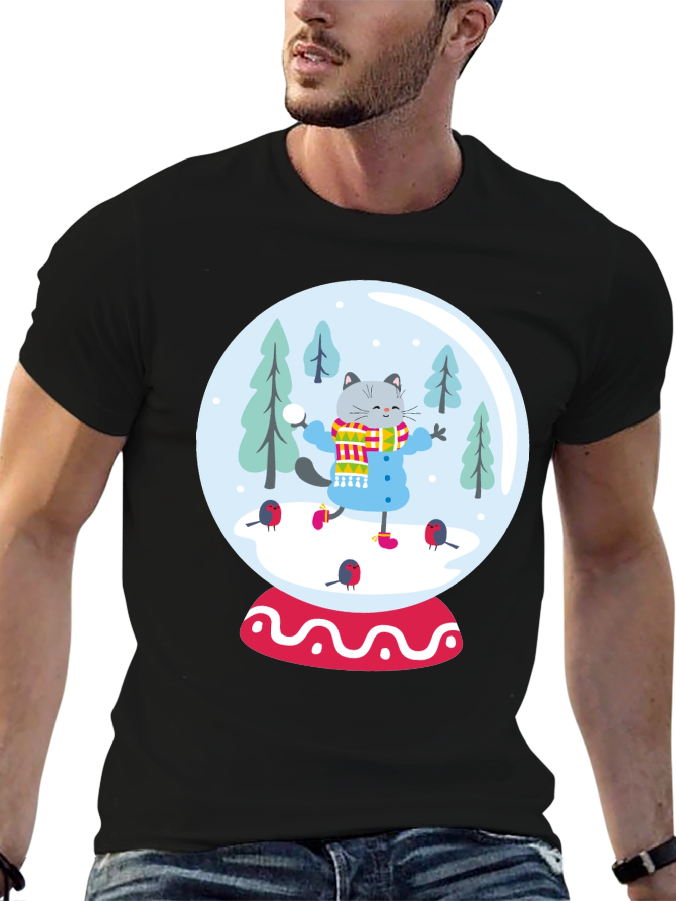 Festive Cat Snow Globe Graphic Tee - Black