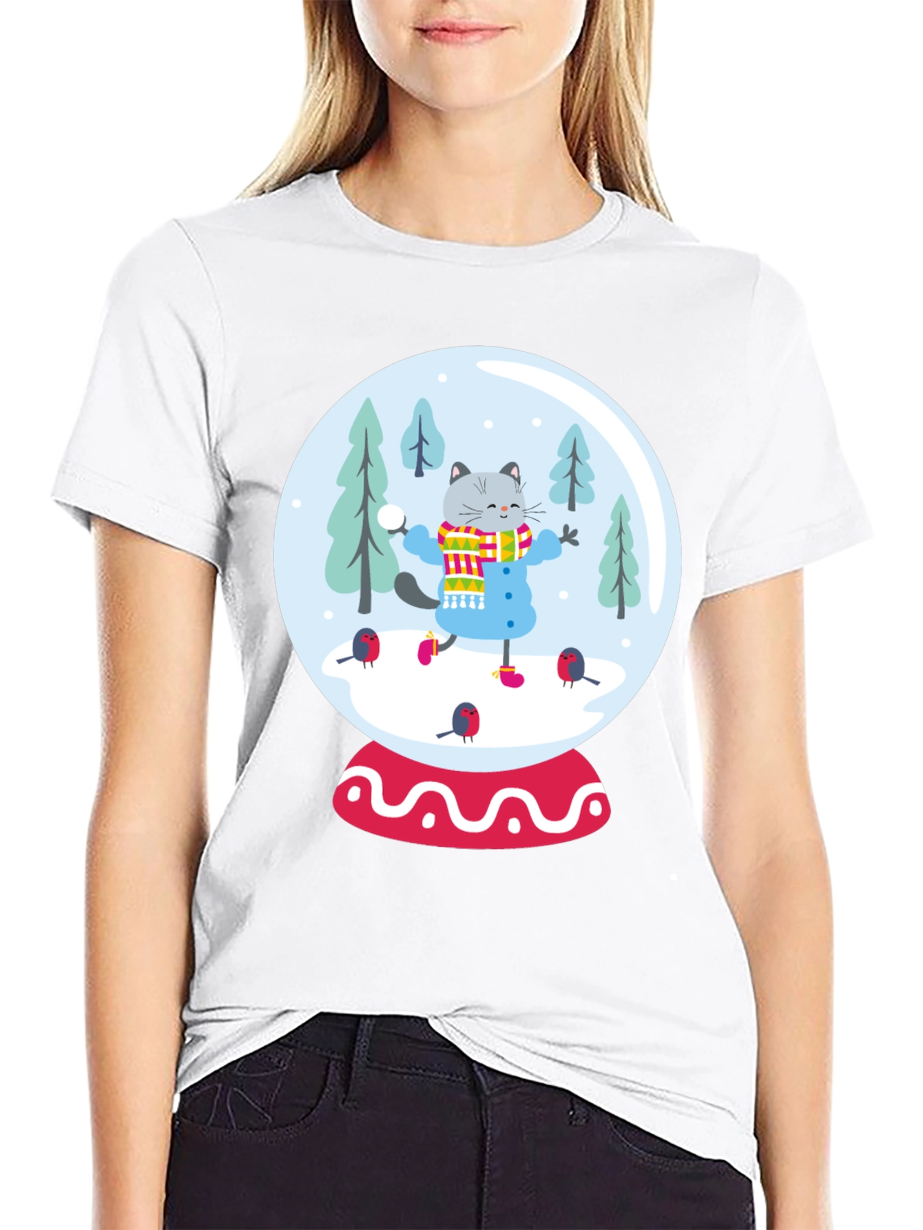 Festive Cat Snow Globe Graphic Tee - Black