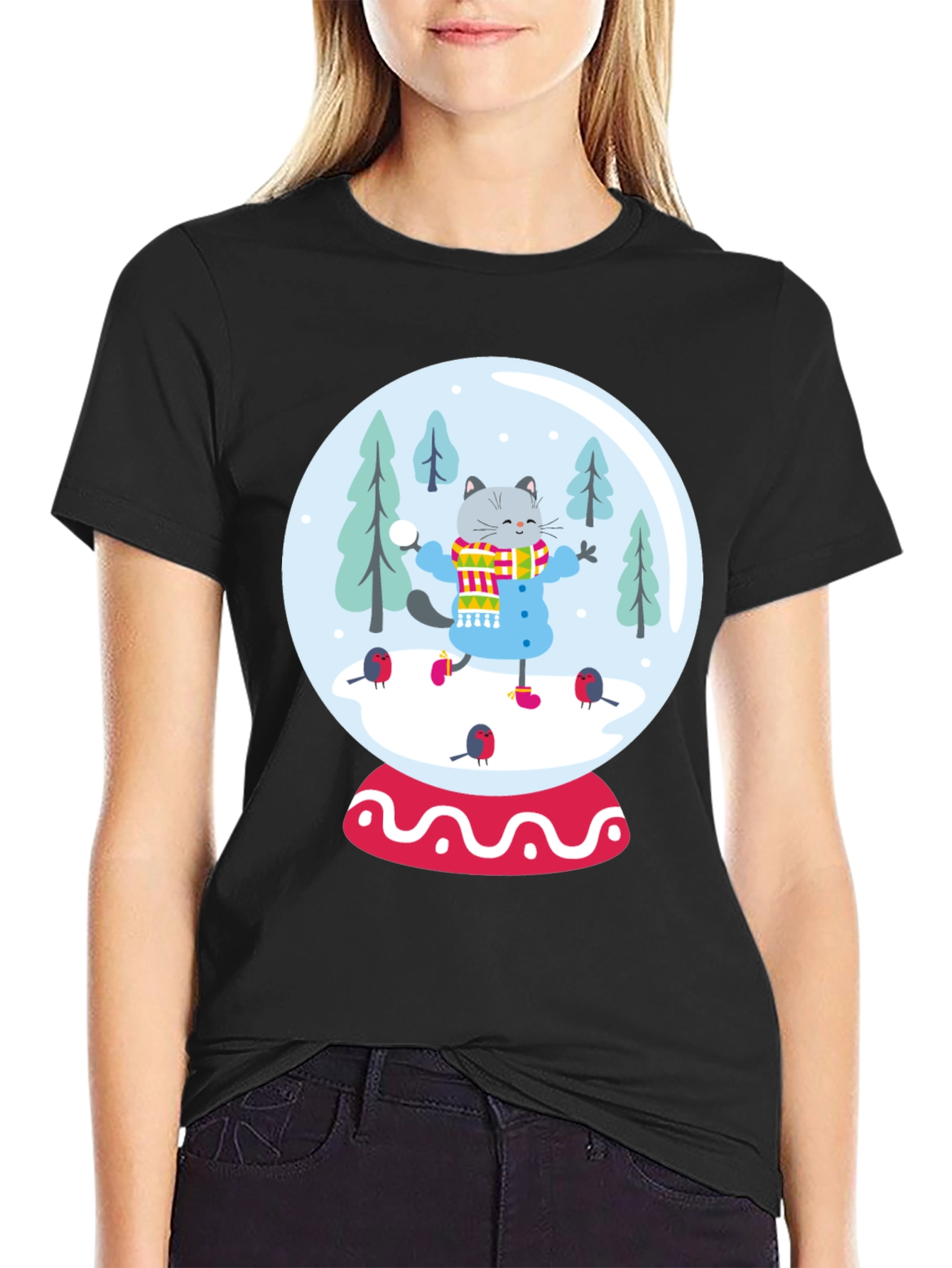 Festive Cat Snow Globe Graphic Tee - Black