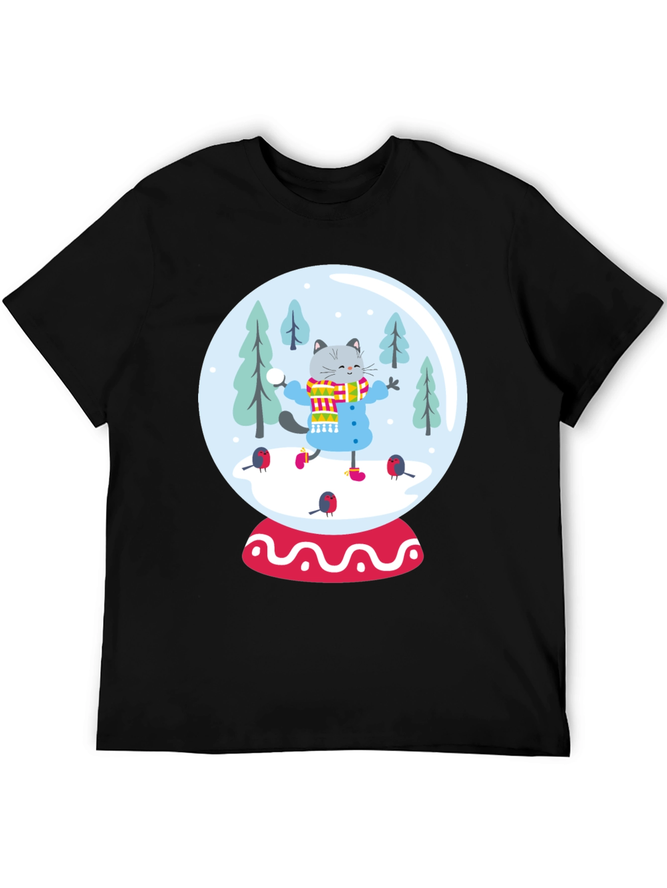 Festive Cat Snow Globe Graphic Tee - Black