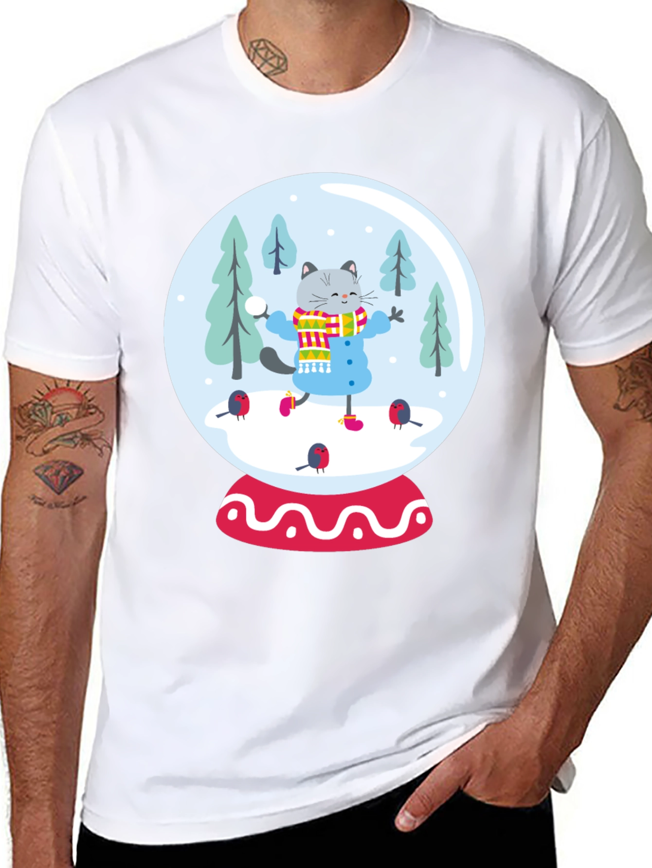 Festive Cat Snow Globe Graphic Tee - Black