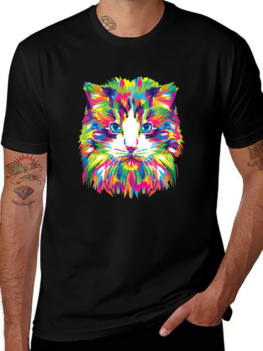 Colorful Cat Graphic Tee - Black Crew Neck T-Shirt