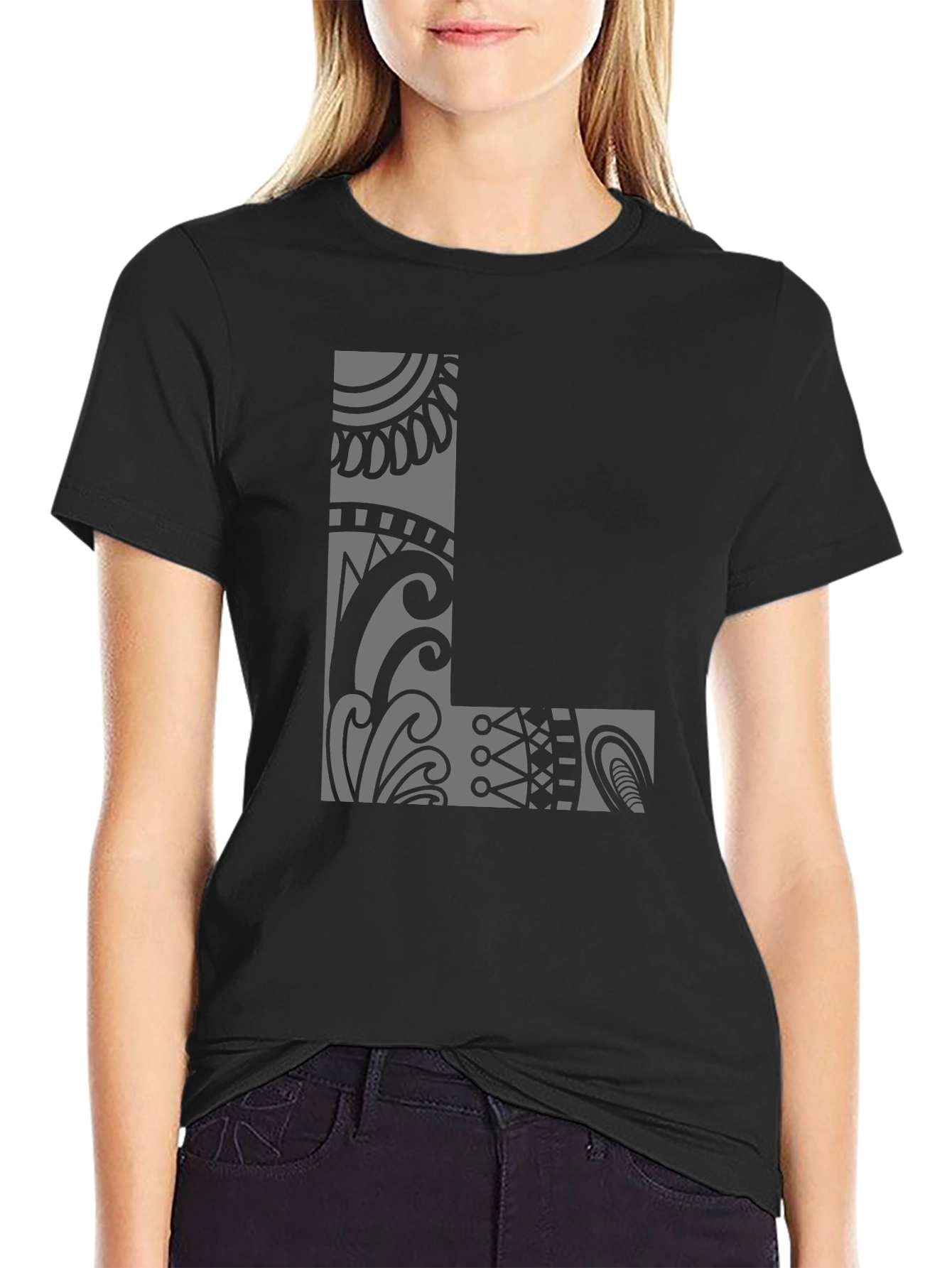Tribal L Design Black T-Shirt - Stylish & Unique