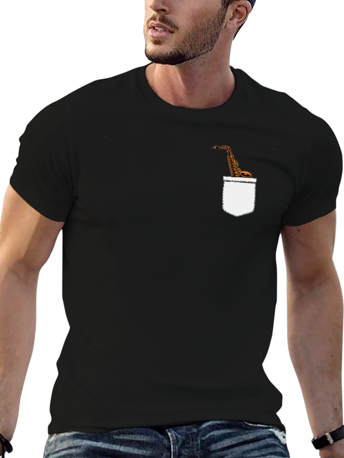 Saxophone Pocket Print Tee - Mens Black T-Shirt