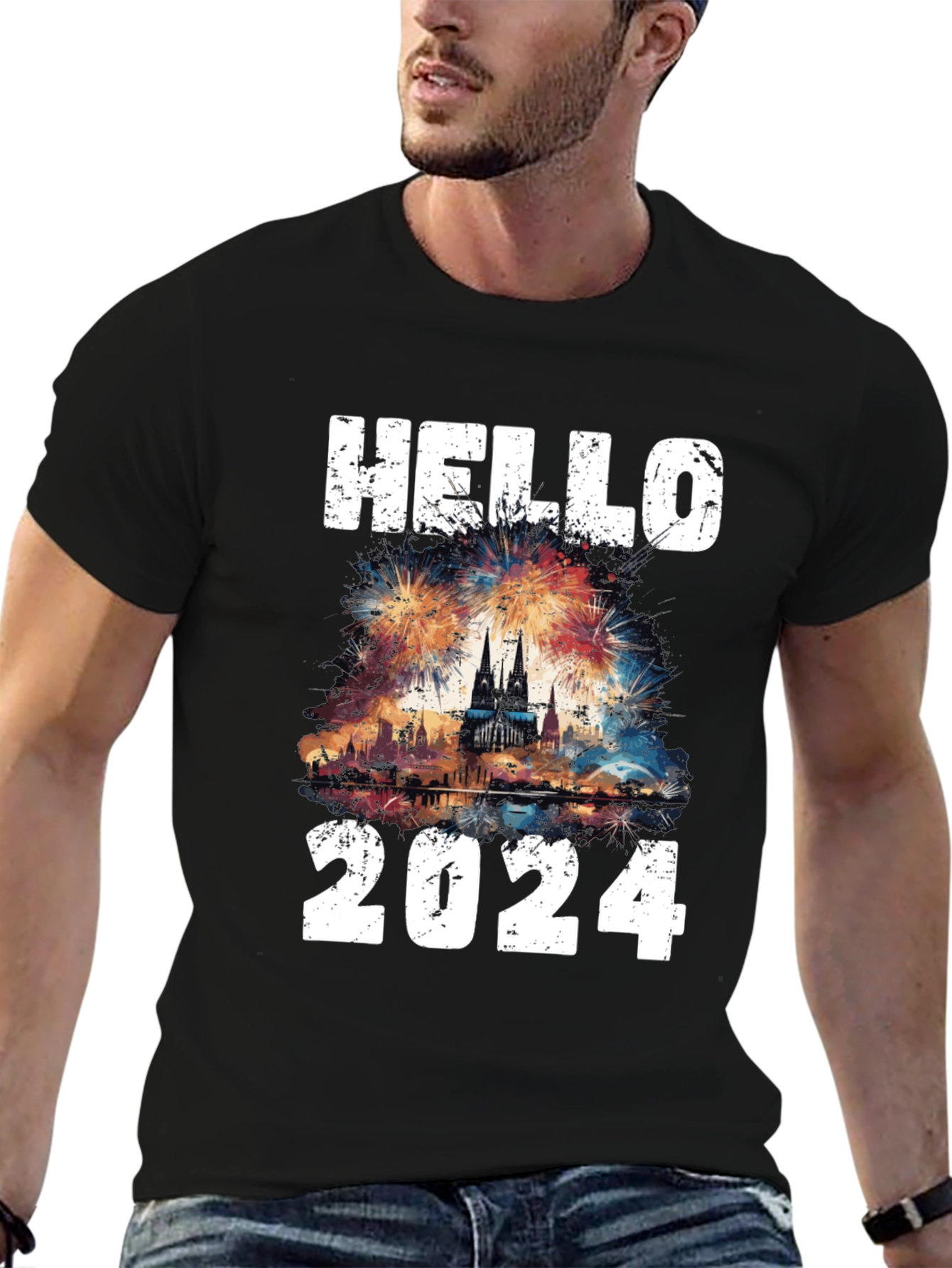 Hello 2024 Fireworks Graphic T-Shirt