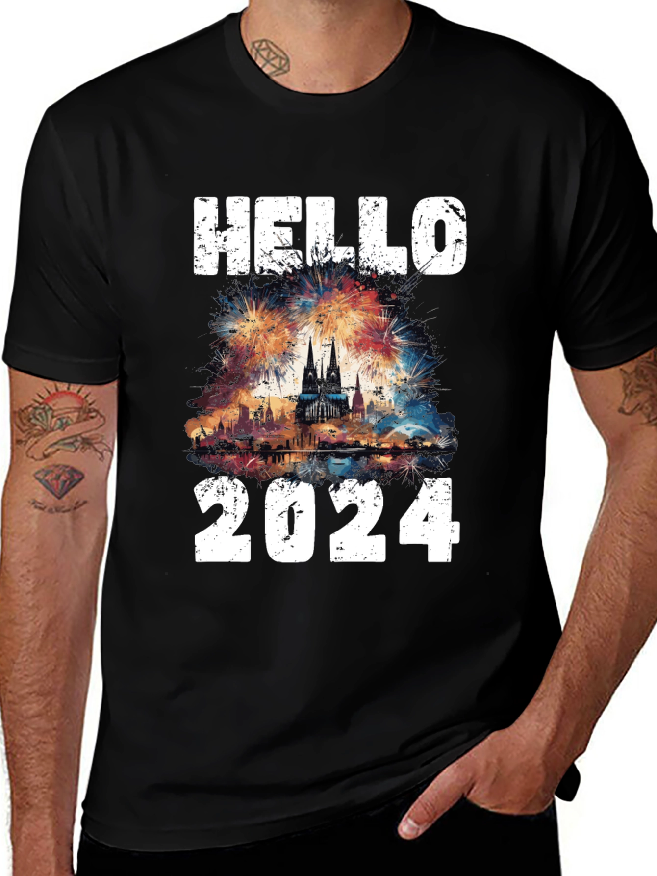 Hello 2024 Fireworks Graphic T-Shirt