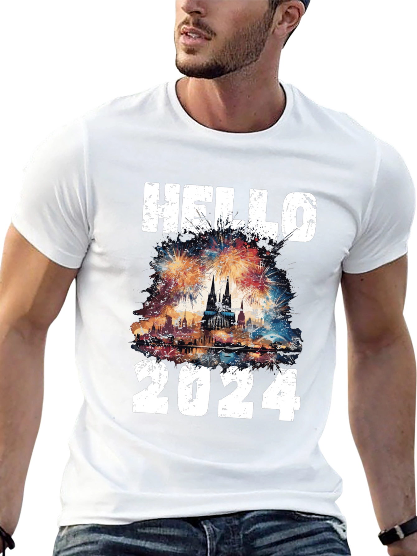 Hello 2024 Fireworks Graphic T-Shirt