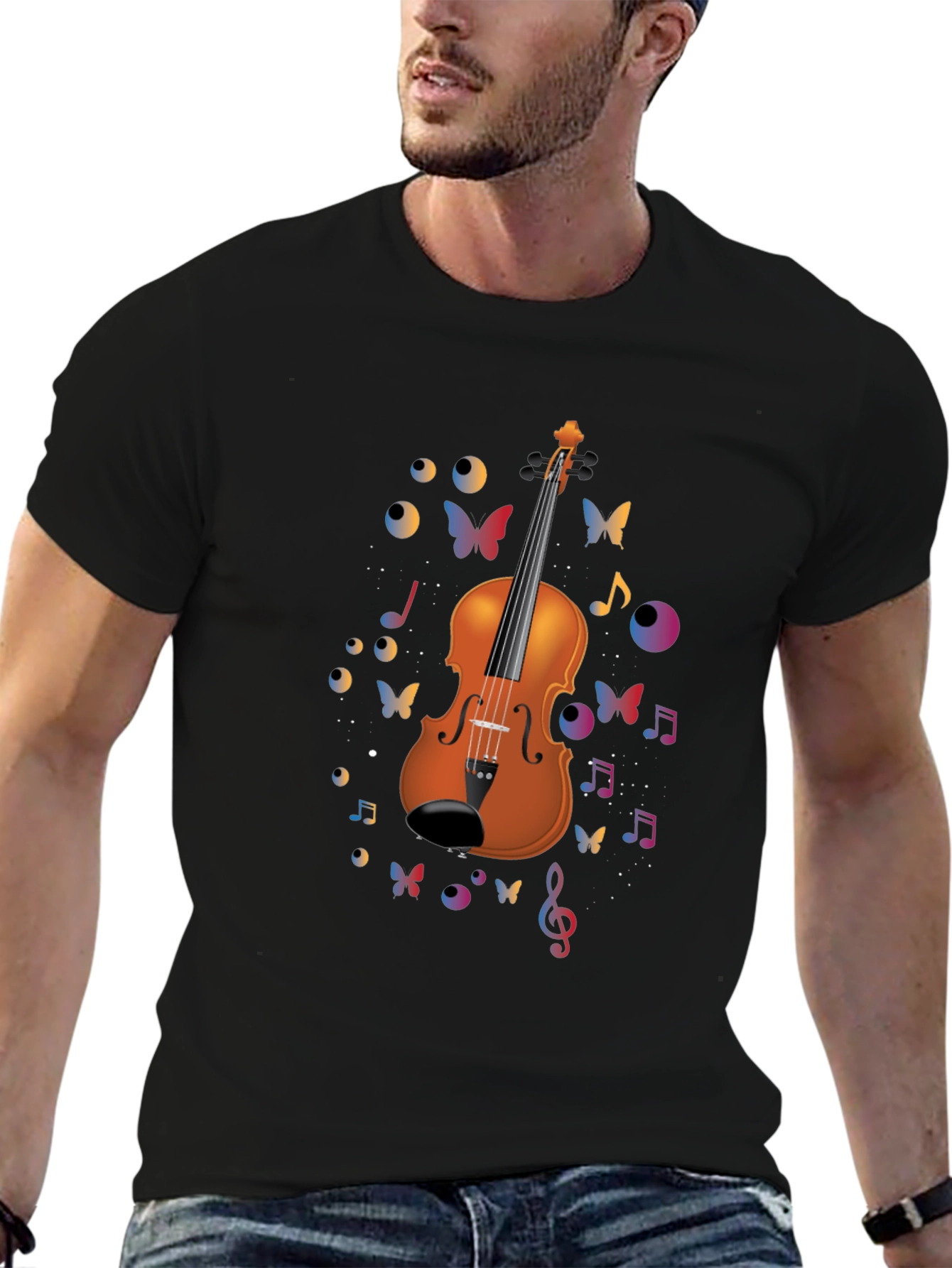 Violin Art Black T-Shirt - Musical Butterflies