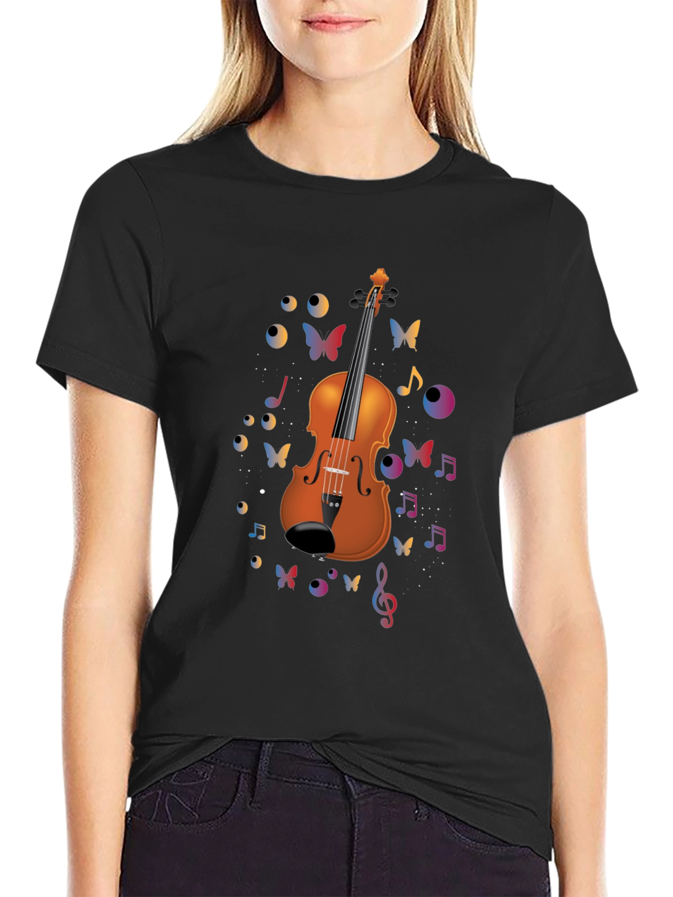 Violin Art Black T-Shirt - Musical Butterflies