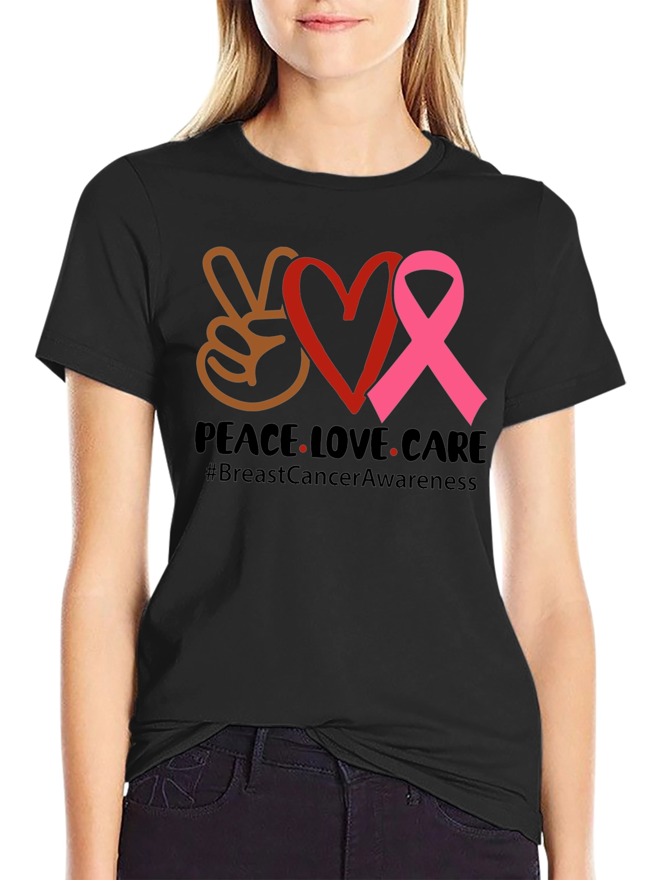Peace Love Care Breast Cancer Awareness T-Shirt