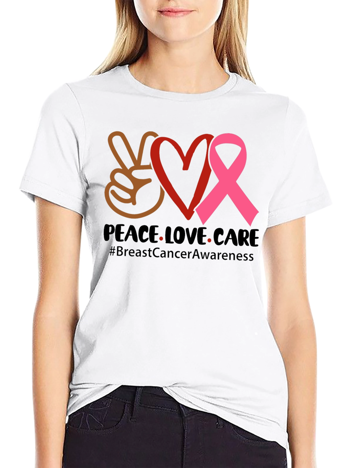 Peace Love Care Breast Cancer Awareness T-Shirt