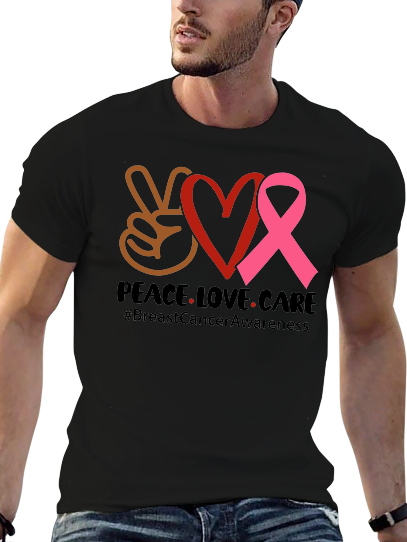 Peace Love Care Breast Cancer Awareness T-Shirt