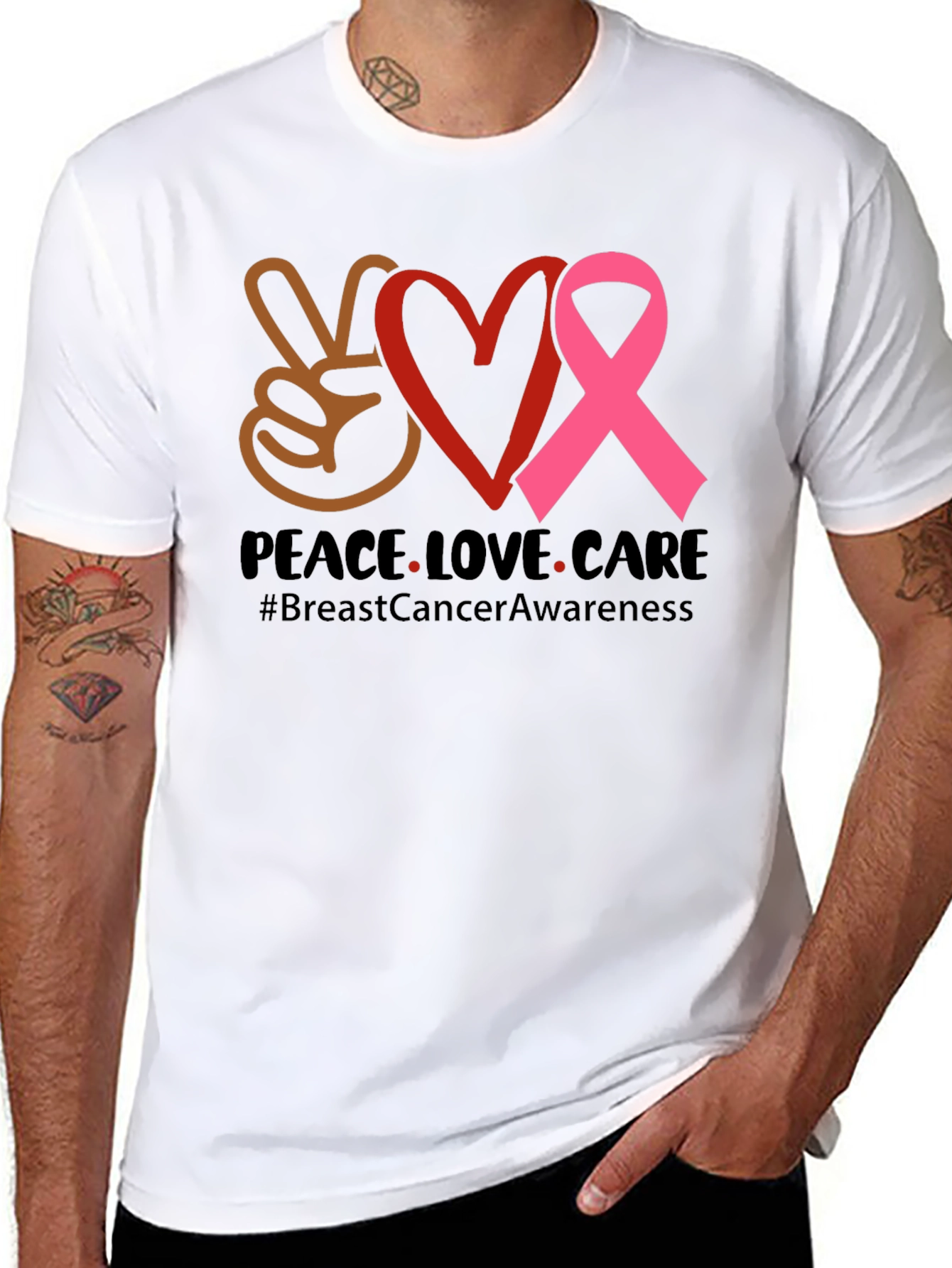 Peace Love Care Breast Cancer Awareness T-Shirt