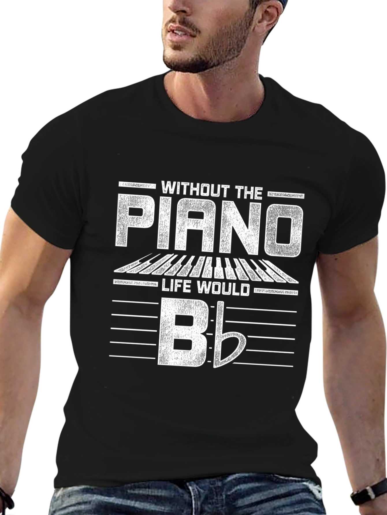 Piano Lovers Black Cotton T-Shirt - Flat