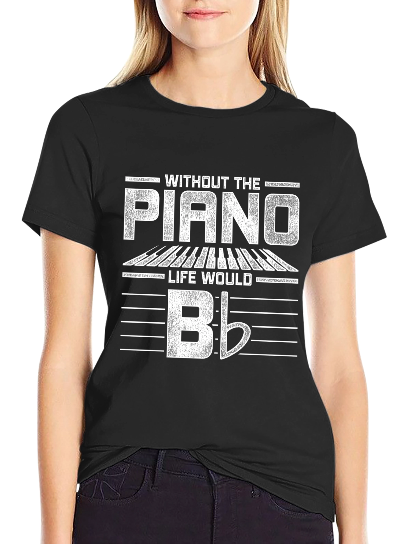 Piano Lovers Black Cotton T-Shirt - Flat