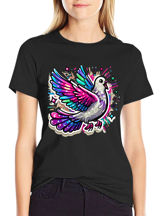 Colorful Dove Graphic Tee - Black Cotton T-Shirt