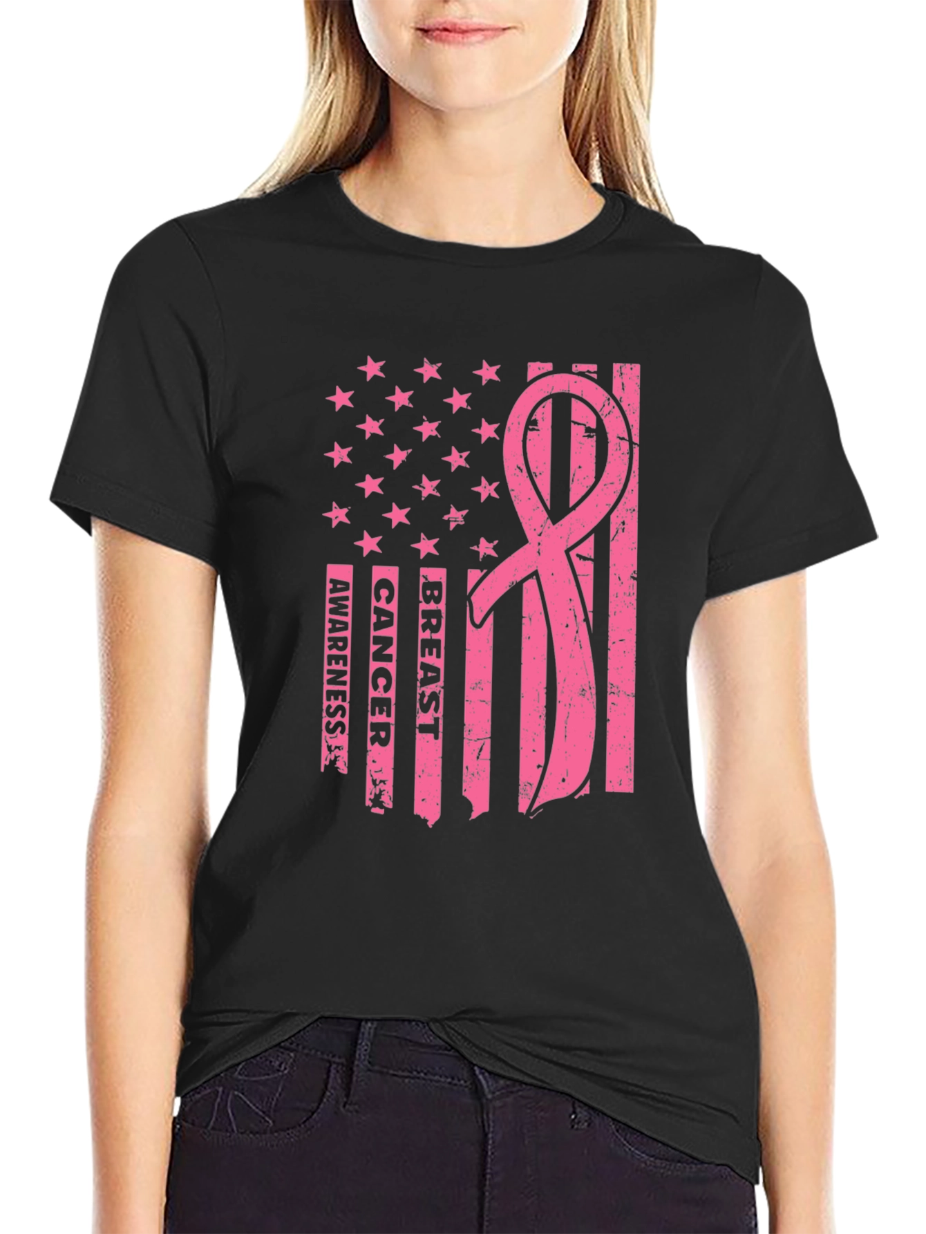 Breast Cancer Awareness American Flag T-Shirt