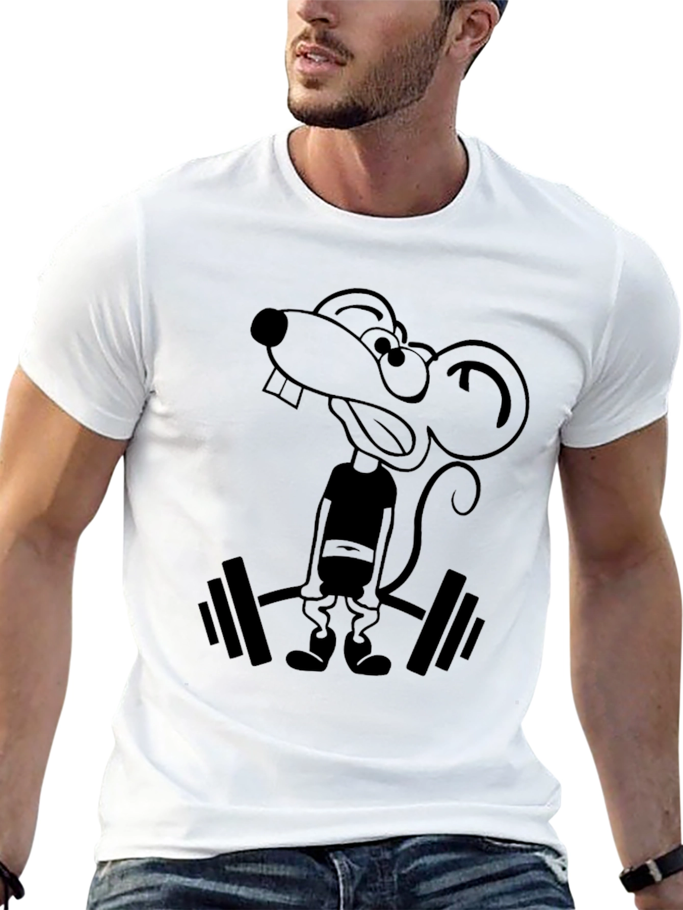 Funny Cartoon Rat Lifting Weights Graphic Tee