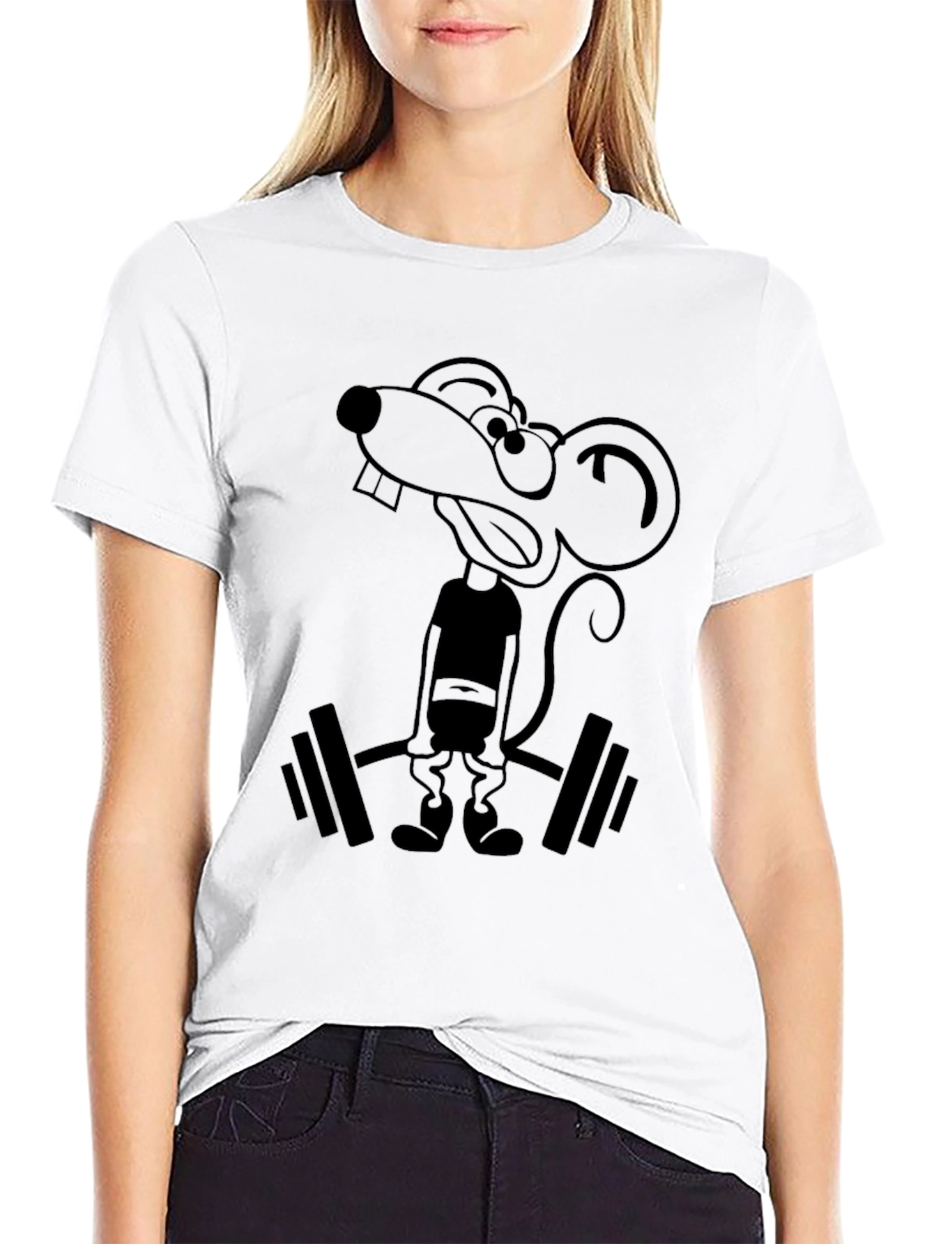 Funny Cartoon Rat Lifting Weights Graphic Tee