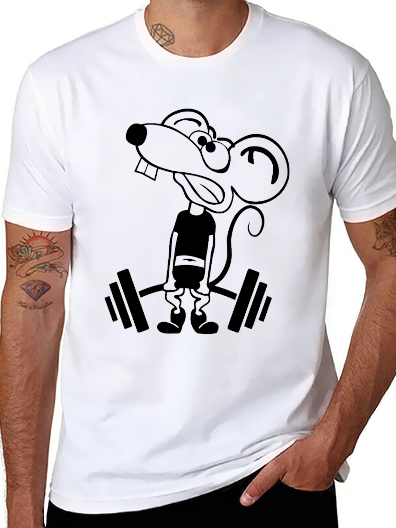 Funny Cartoon Rat Lifting Weights Graphic Tee