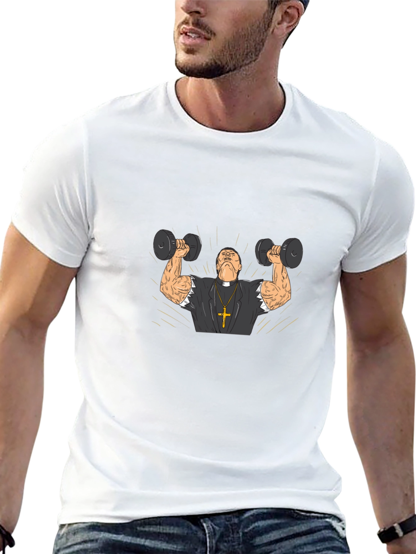 Muscle Priest Lifting Weights Funny T-Shirt