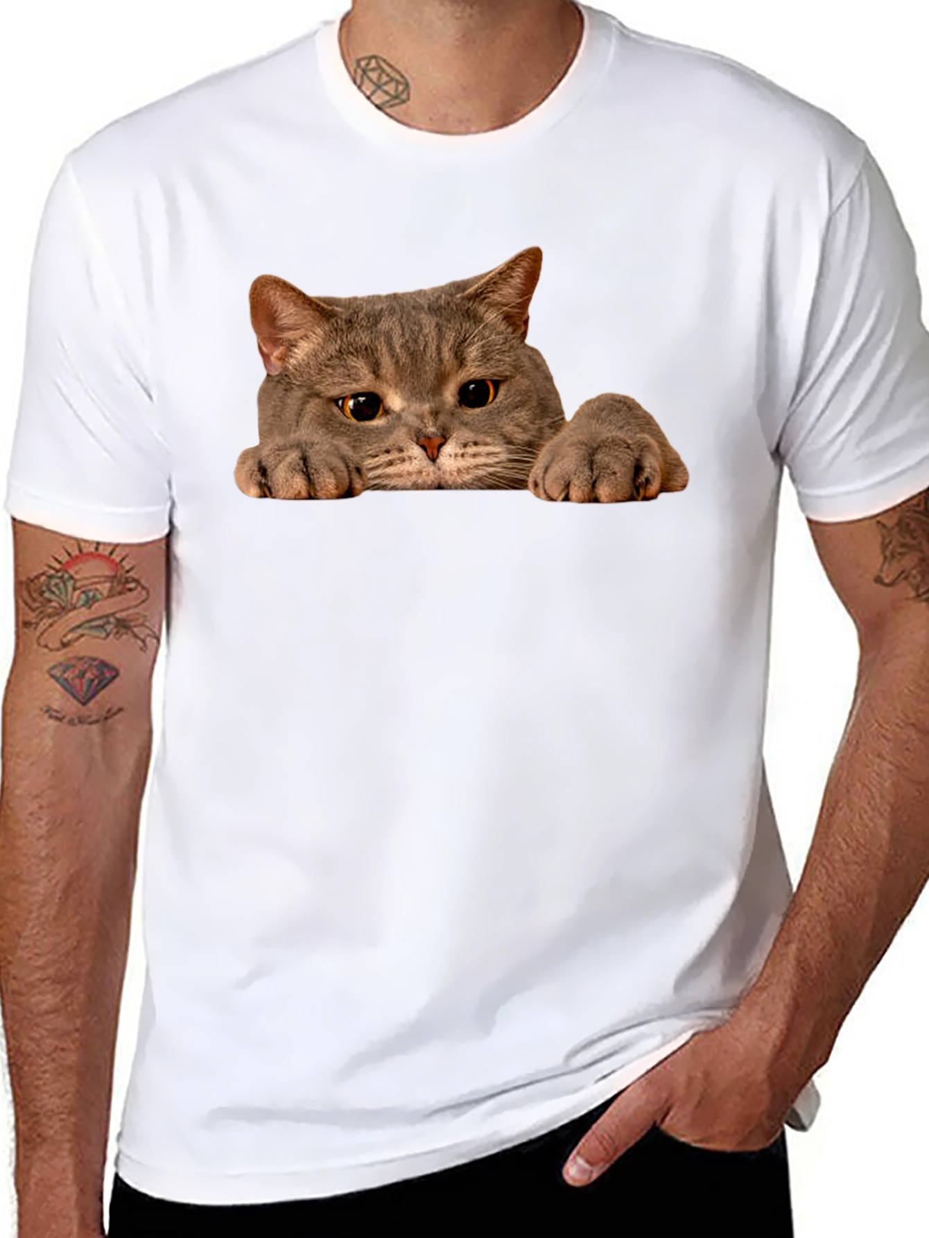 Cat Peeking Black T-Shirt - Novelty Graphic Tee
