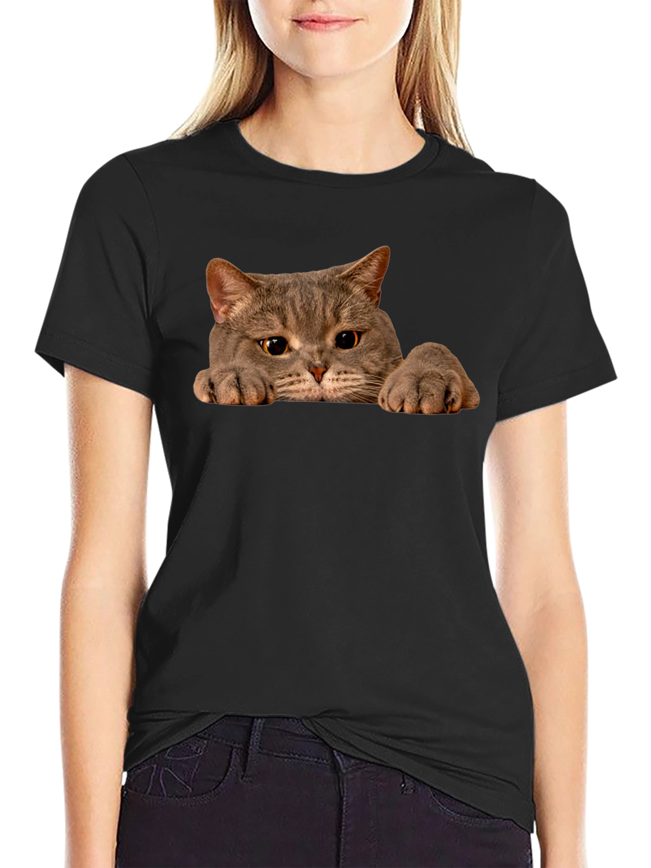 Cat Peeking Black T-Shirt - Novelty Graphic Tee