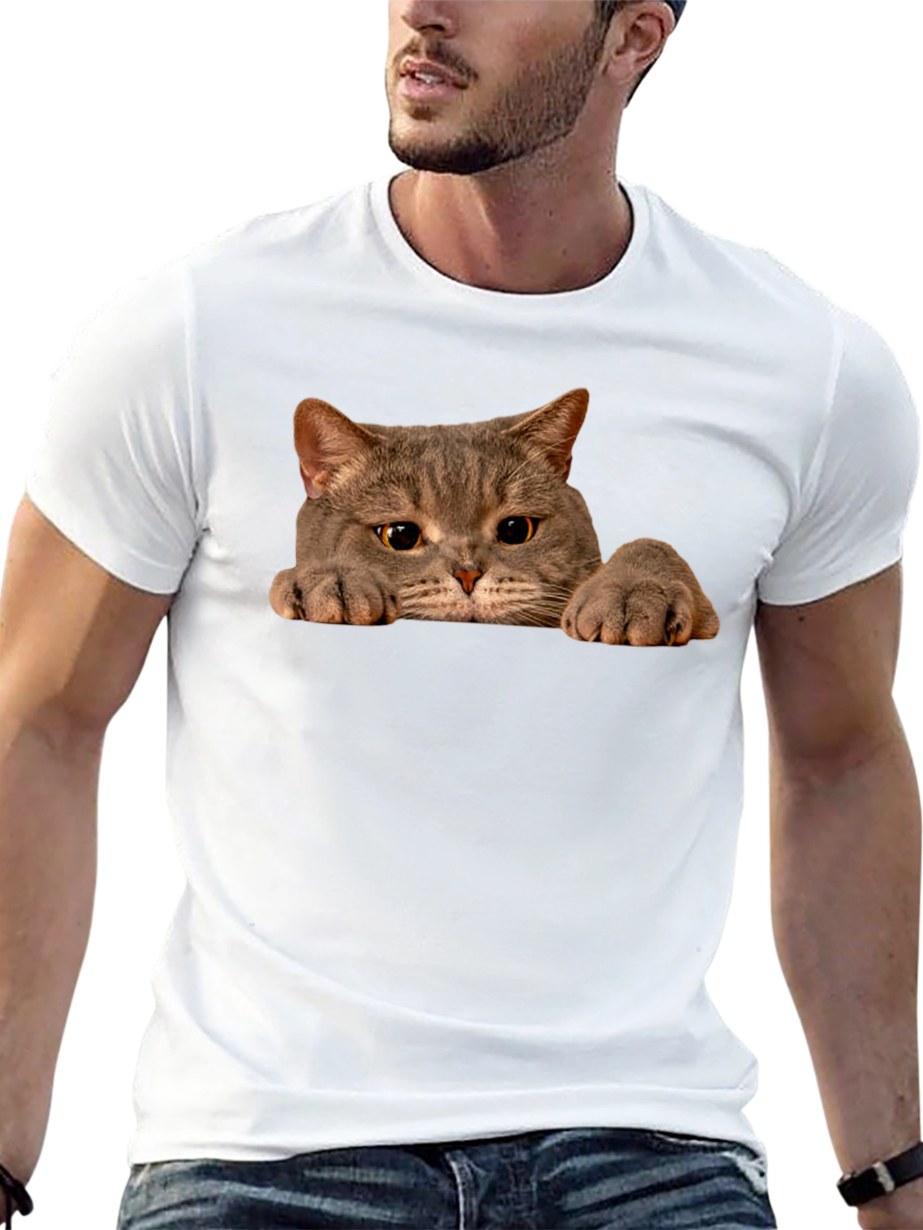 Cat Peeking Black T-Shirt - Novelty Graphic Tee