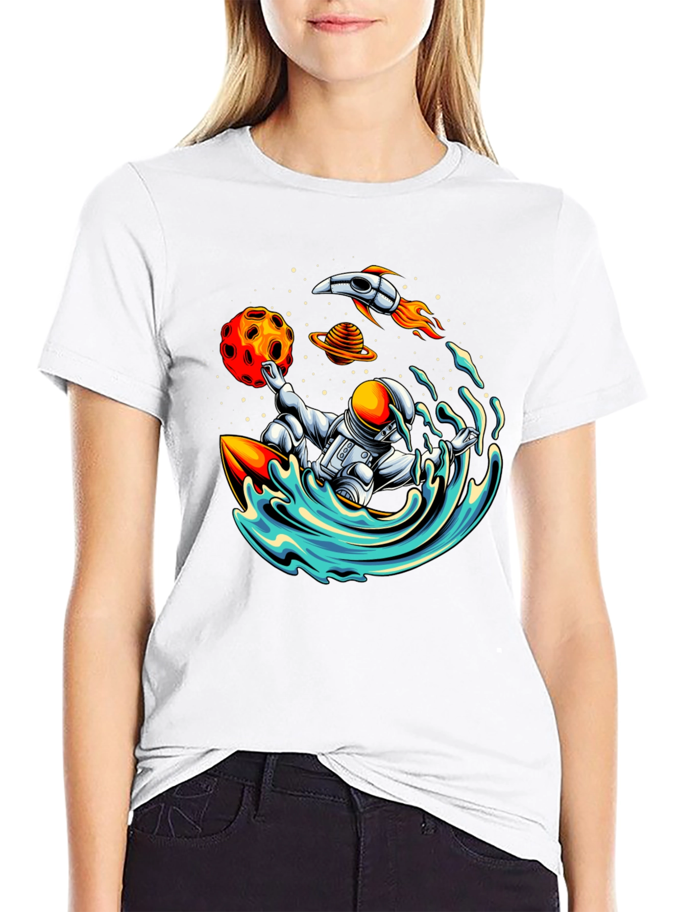 Astronaut Surfing T-Shirt - Space Wave Rider Graphic Tee