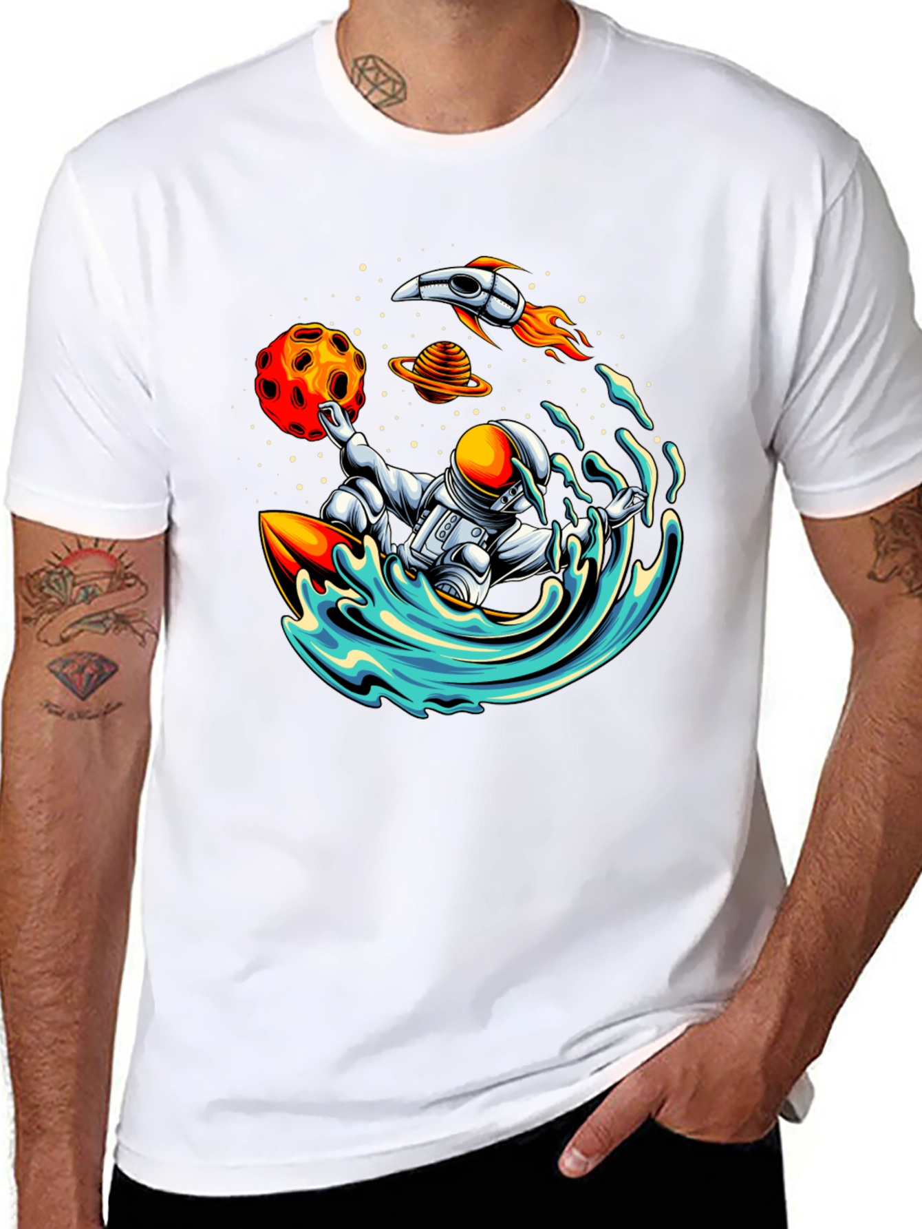 Astronaut Surfing T-Shirt - Space Wave Rider Graphic Tee