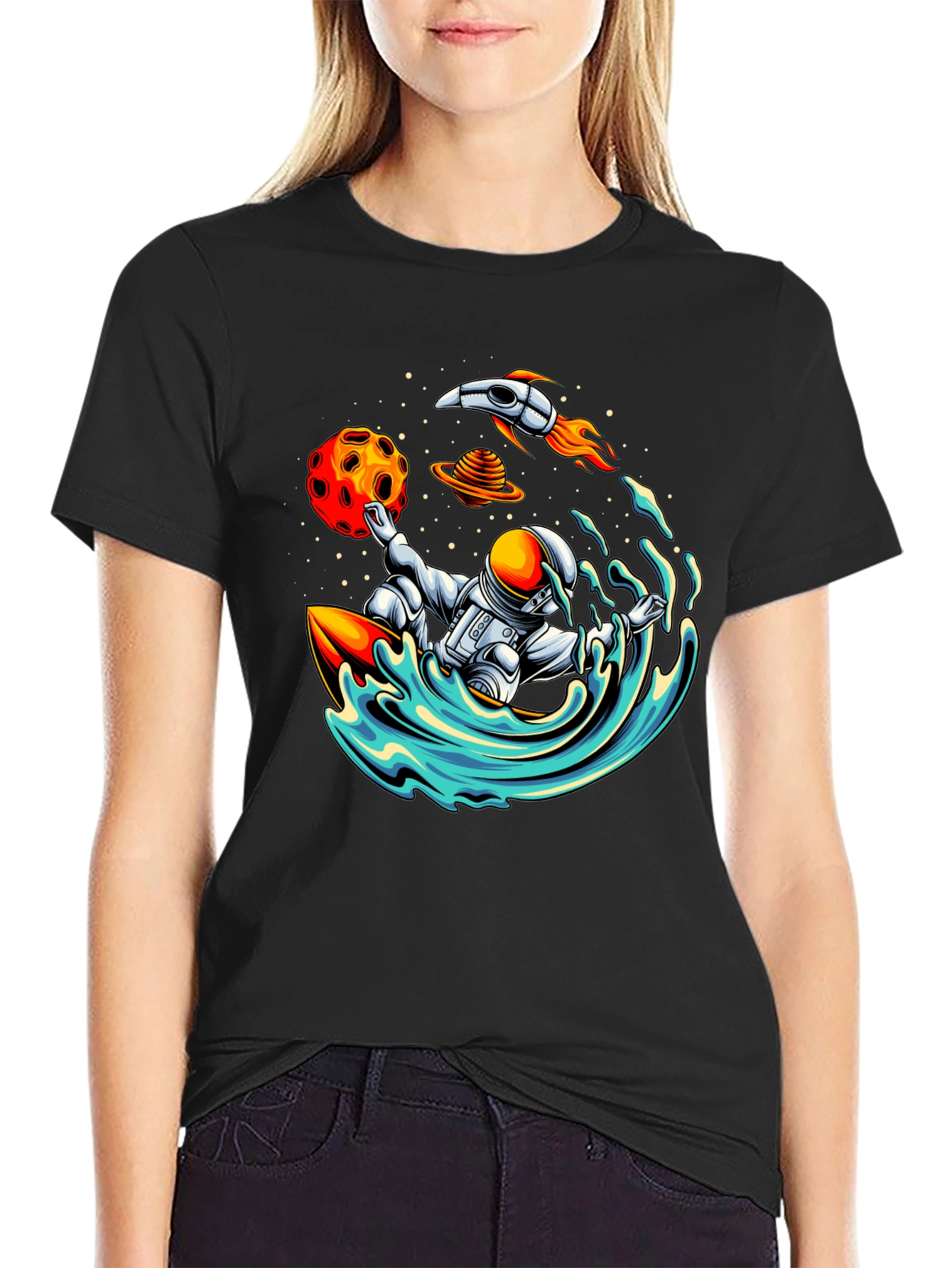 Astronaut Surfing T-Shirt - Space Wave Rider Graphic Tee