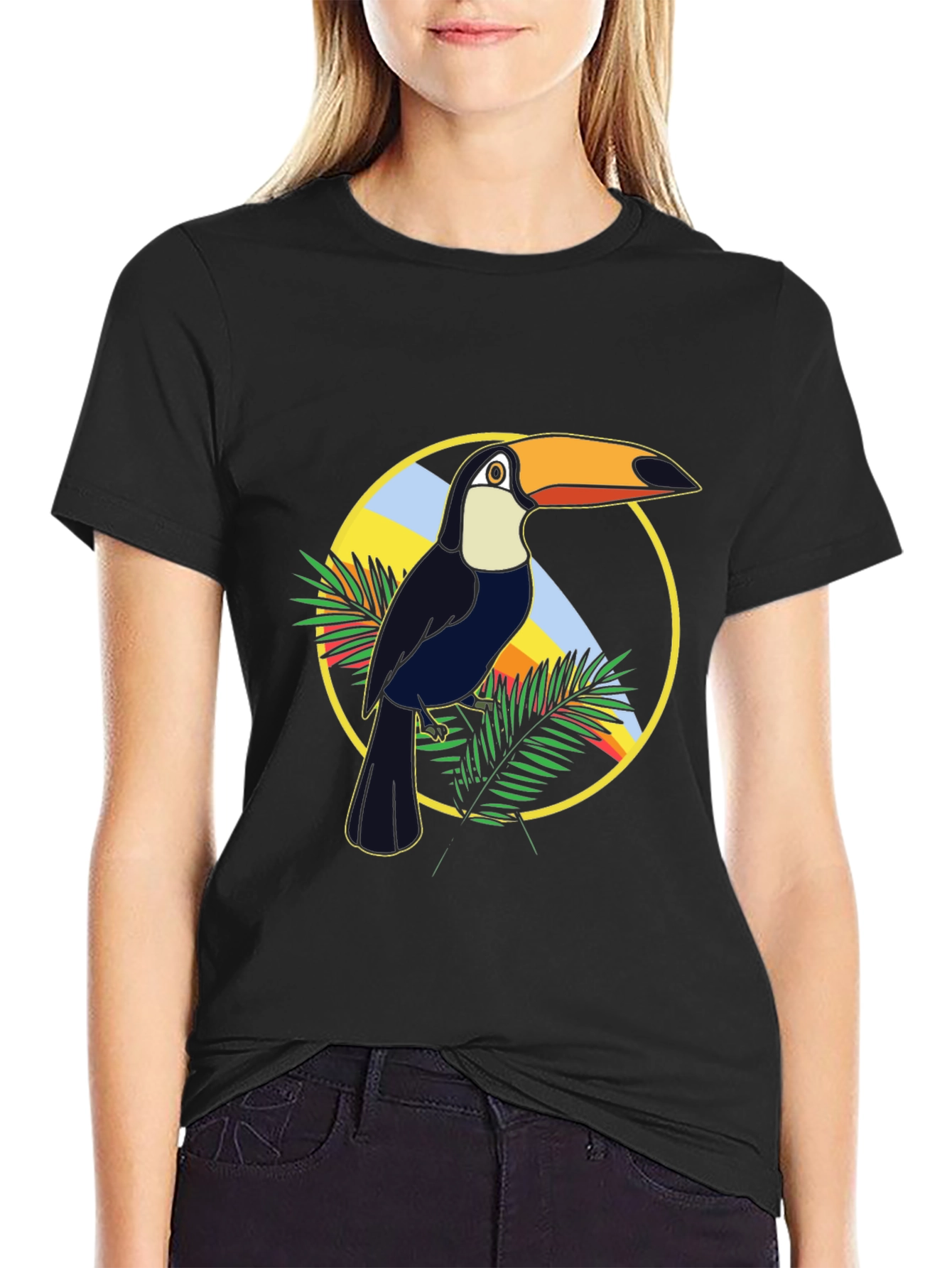 Tropical Toucan Graphic Tee - Black Cotton T-Shirt