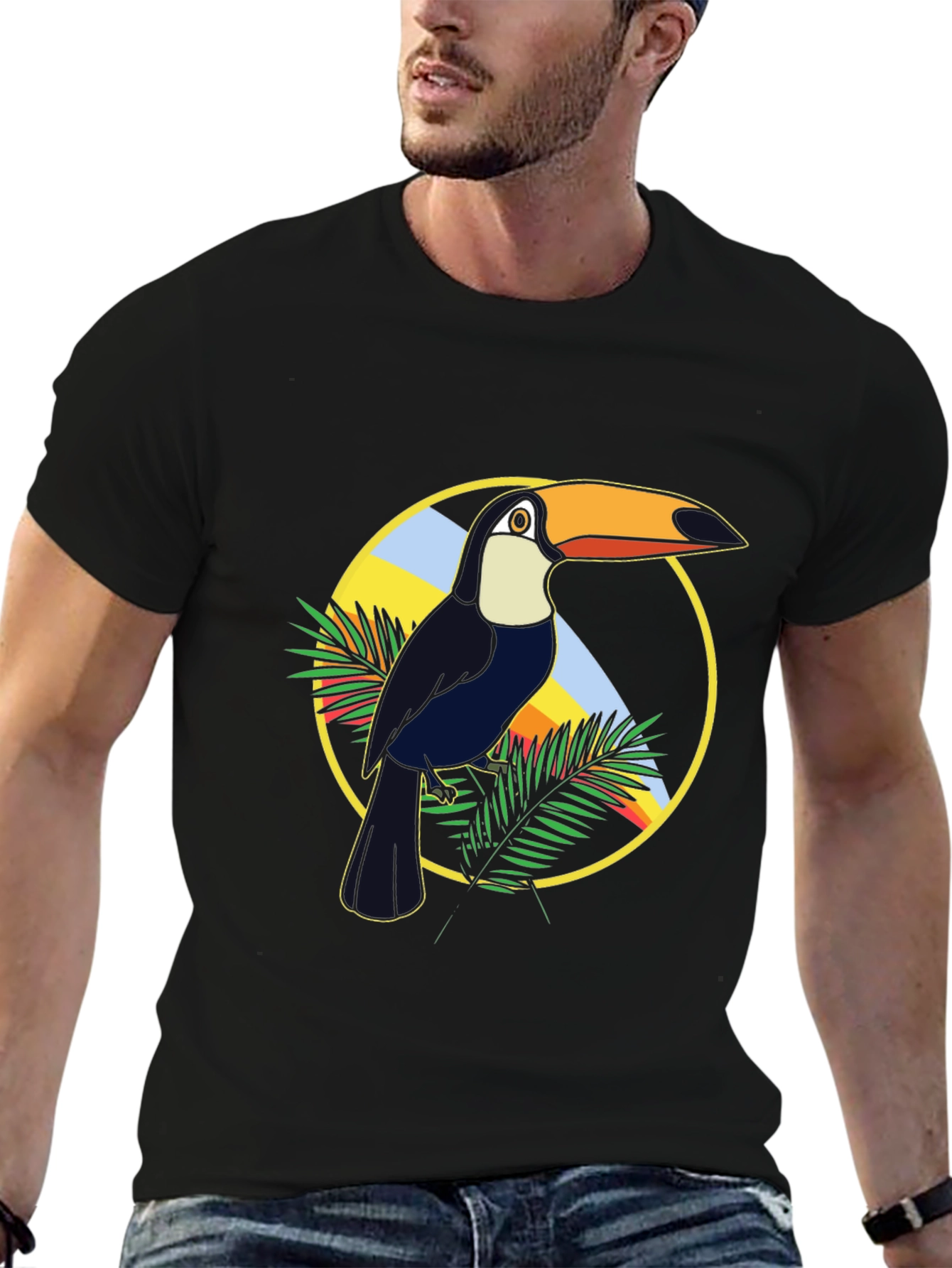Tropical Toucan Graphic Tee - Black Cotton T-Shirt