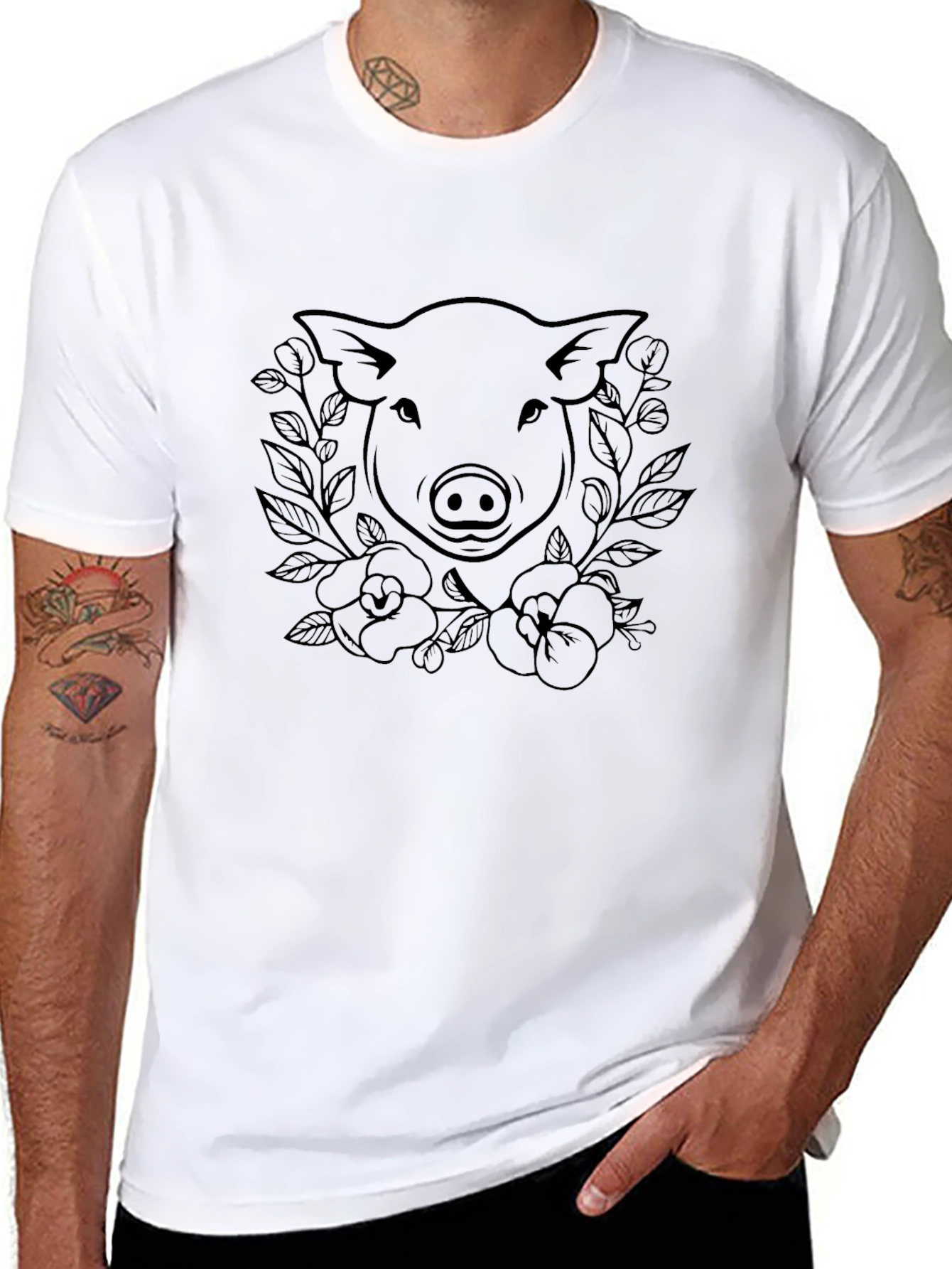 Pig Floral Graphic Tee - Black Cotton T-Shirt