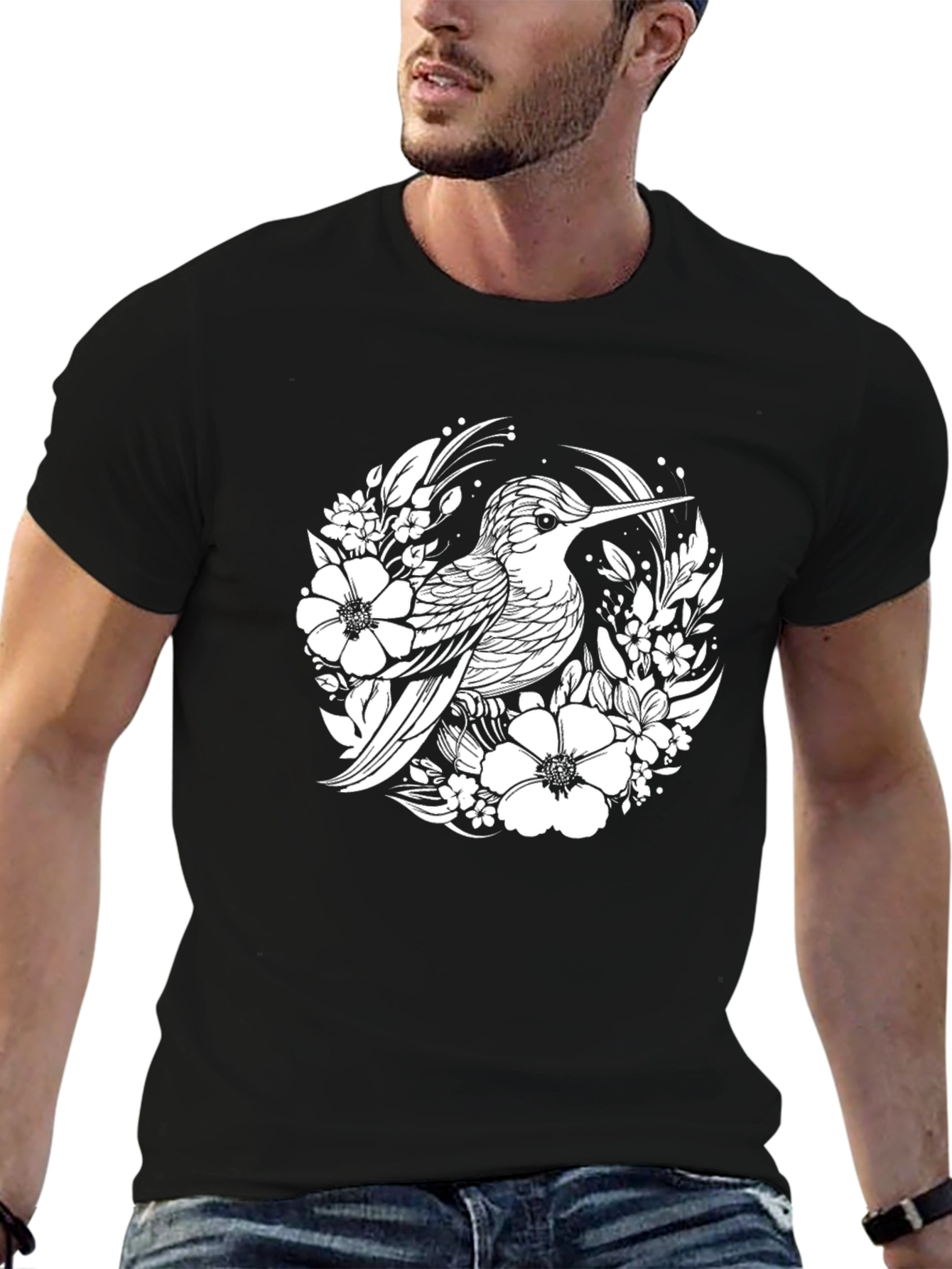 Hummingbird Floral Graphic Tee - Stylish Black T-Shirt