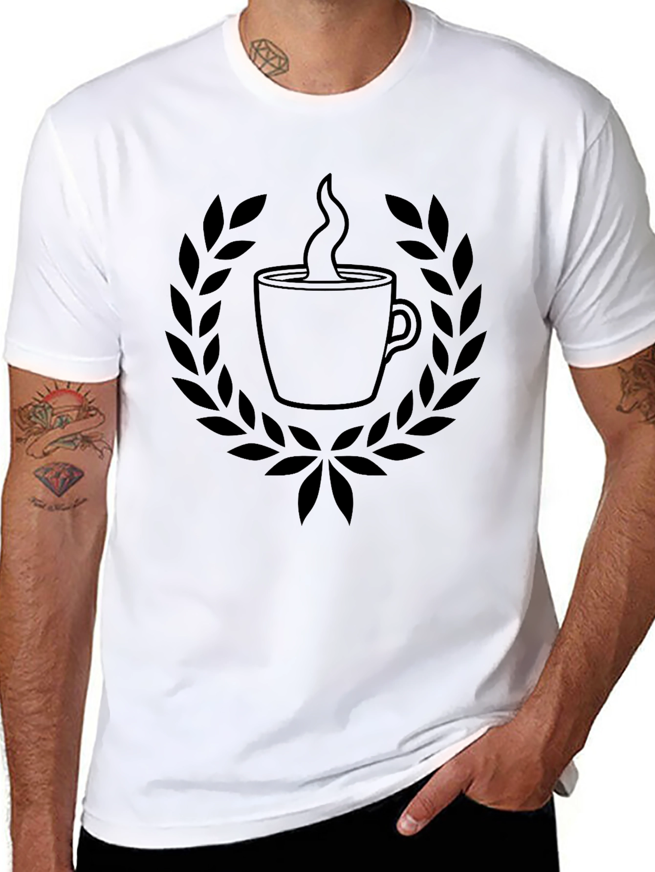 Coffee Cup Laurel Wreath Black T-Shirt