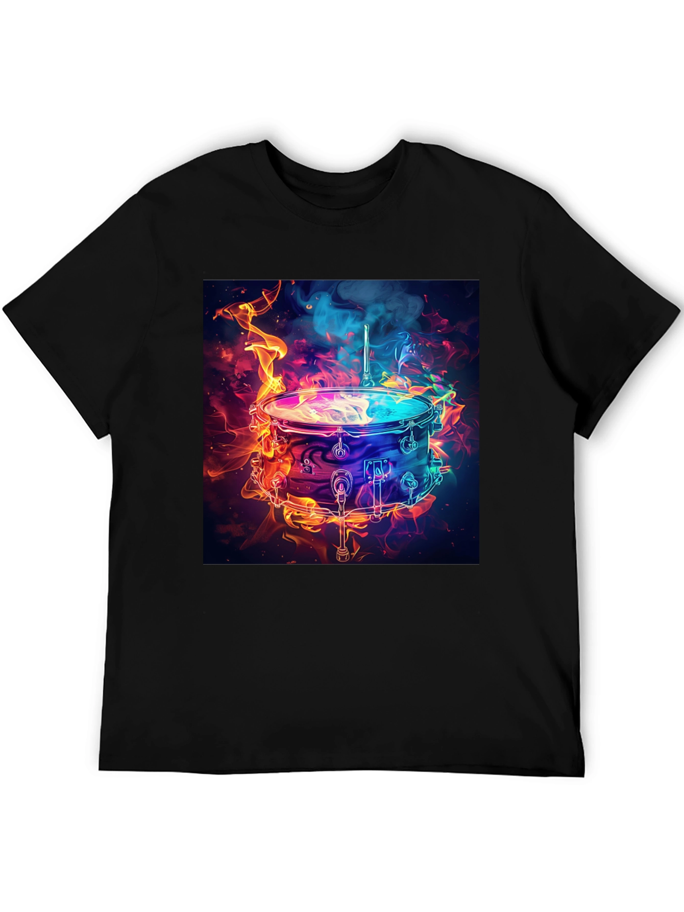 Flaming Drum Graphic Tee - Black Cotton T-Shirt