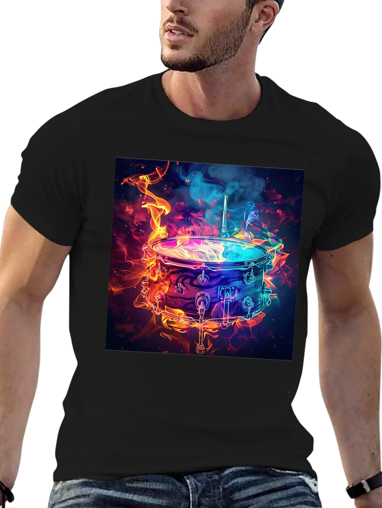 Flaming Drum Graphic Tee - Black Cotton T-Shirt