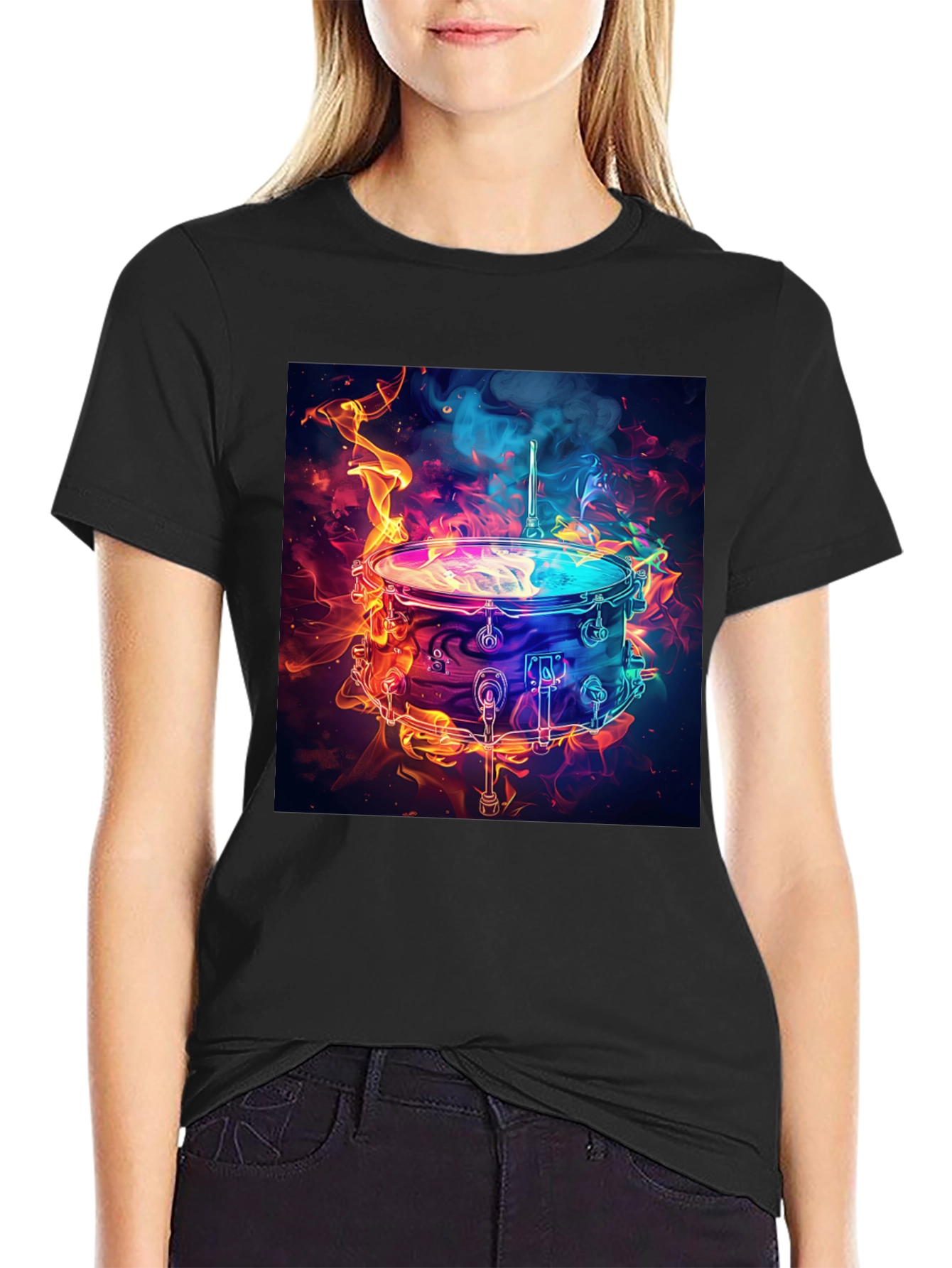 Flaming Drum Graphic Tee - Black Cotton T-Shirt