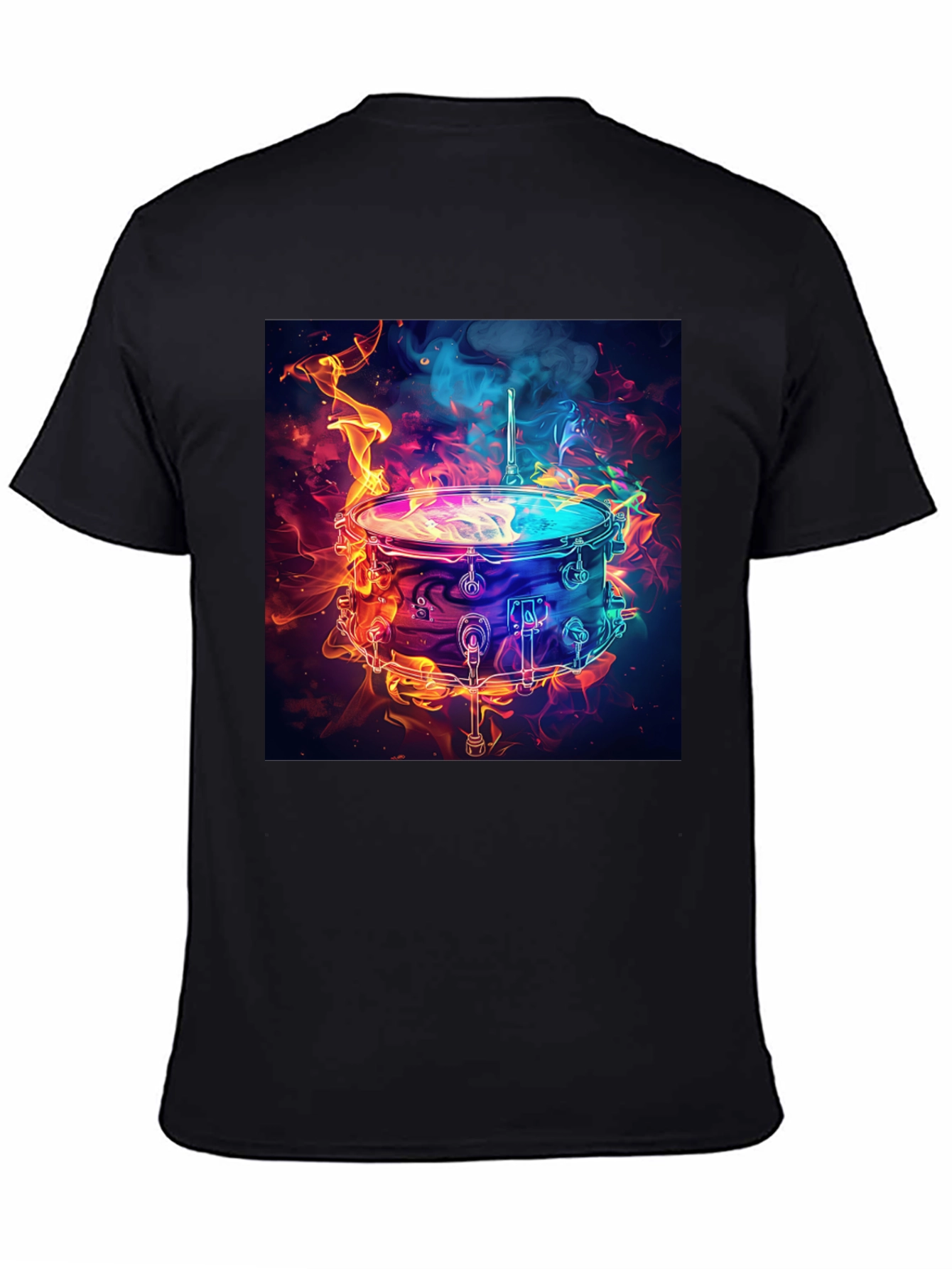 Flaming Drum Graphic Tee - Black Cotton T-Shirt