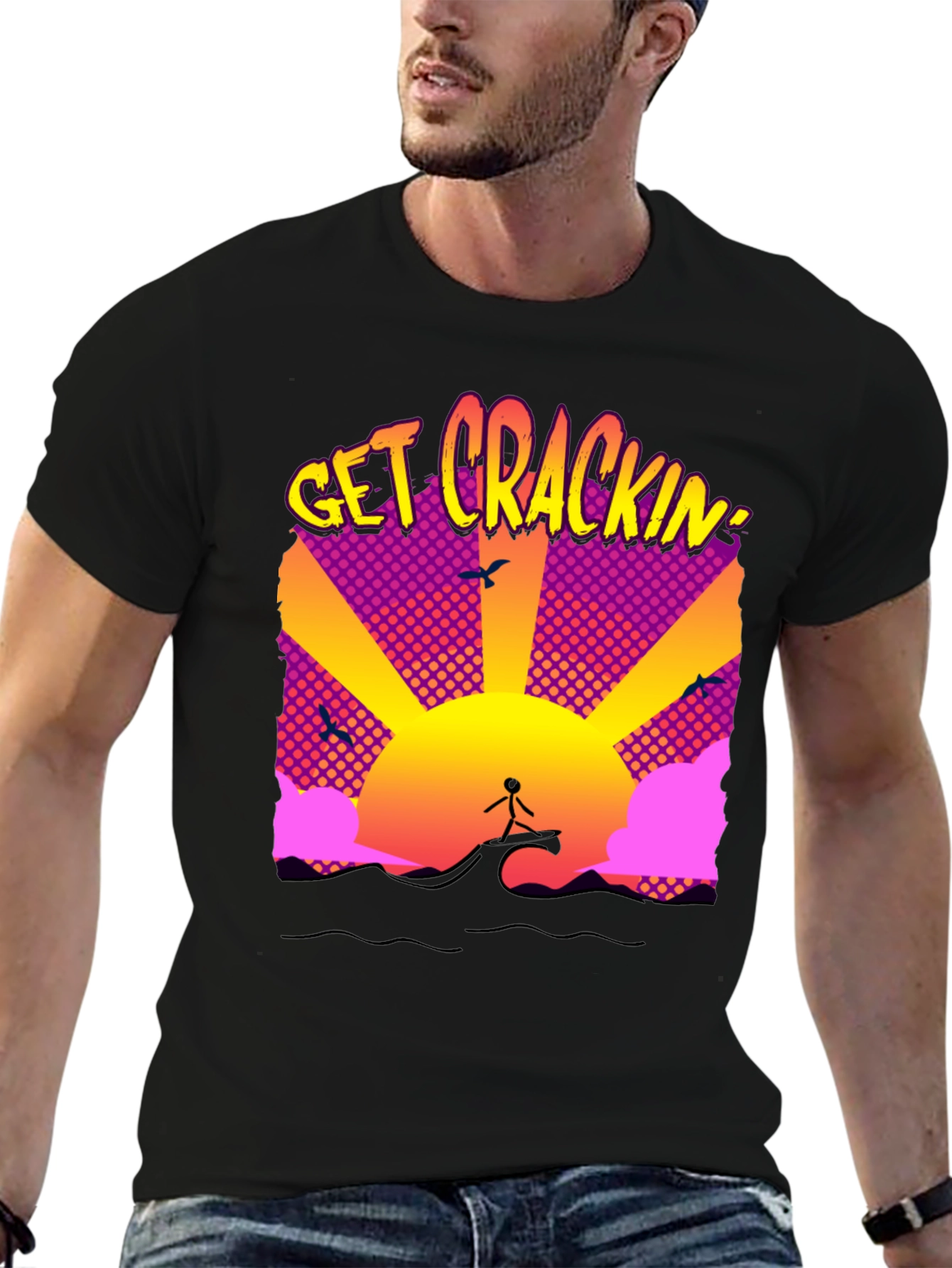 Get Crackin Graphic T-Shirt - Surfing Sunrise