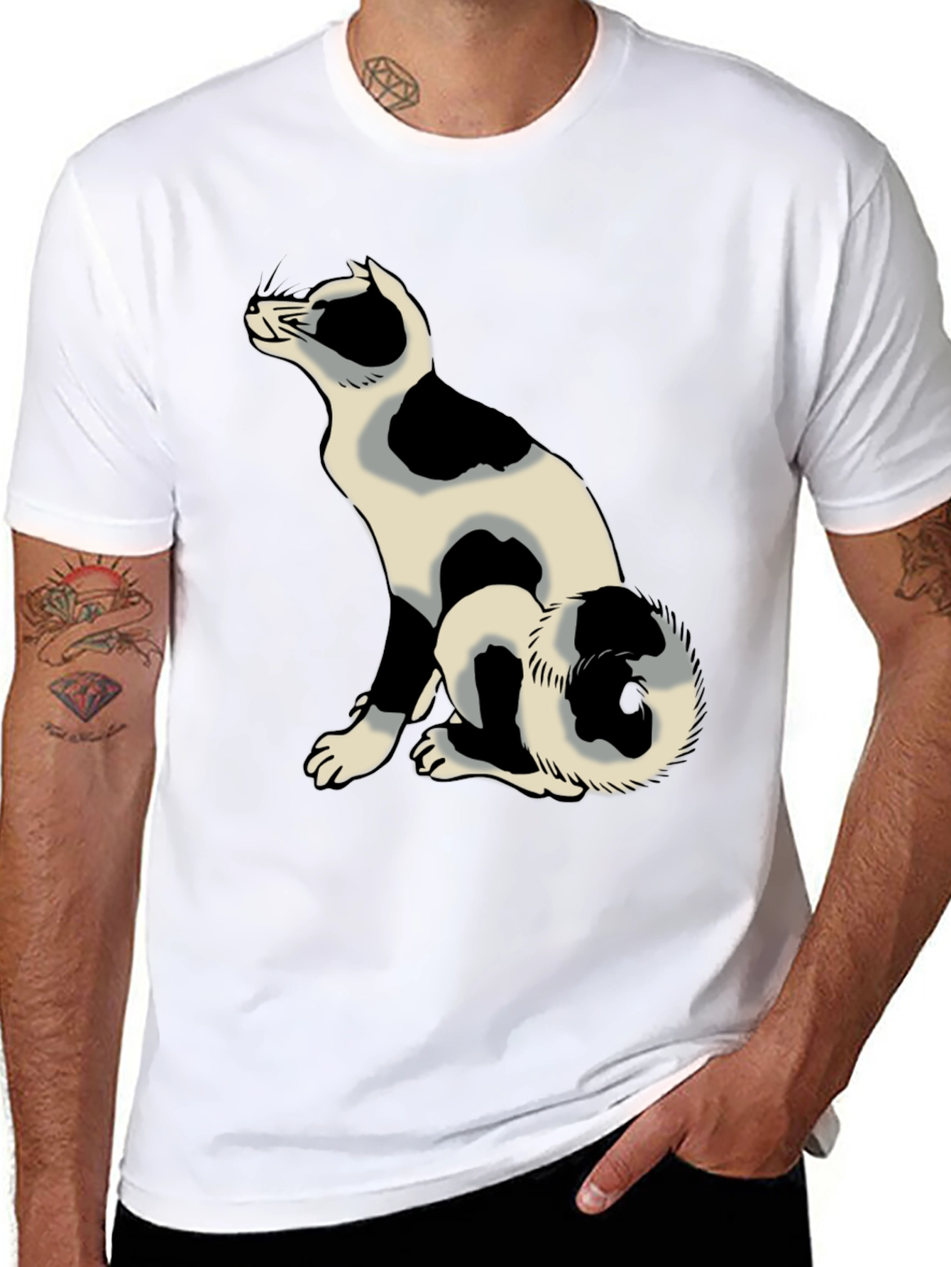 Black Tee with Spotted Cat Design