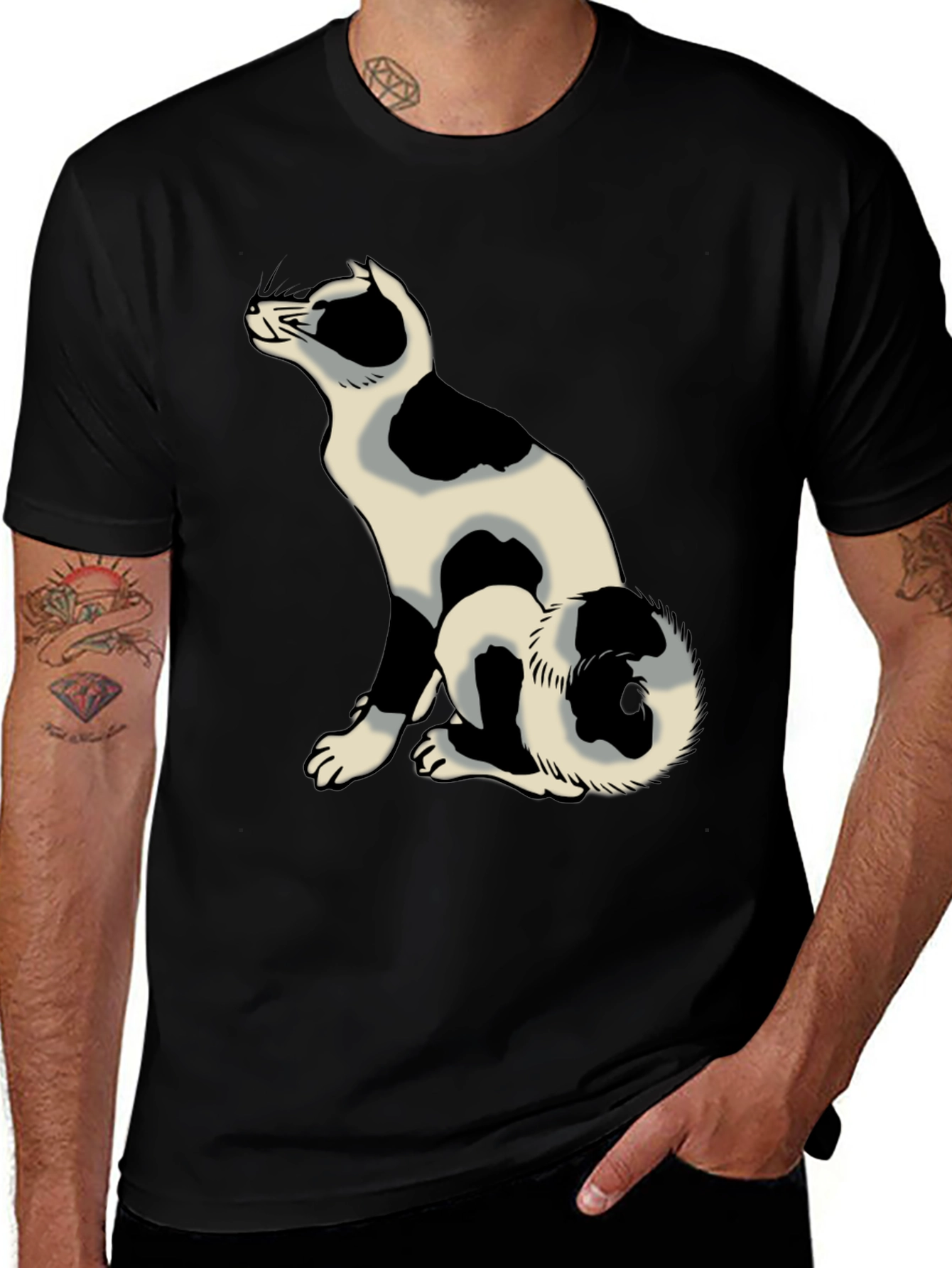 Black Tee with Spotted Cat Design