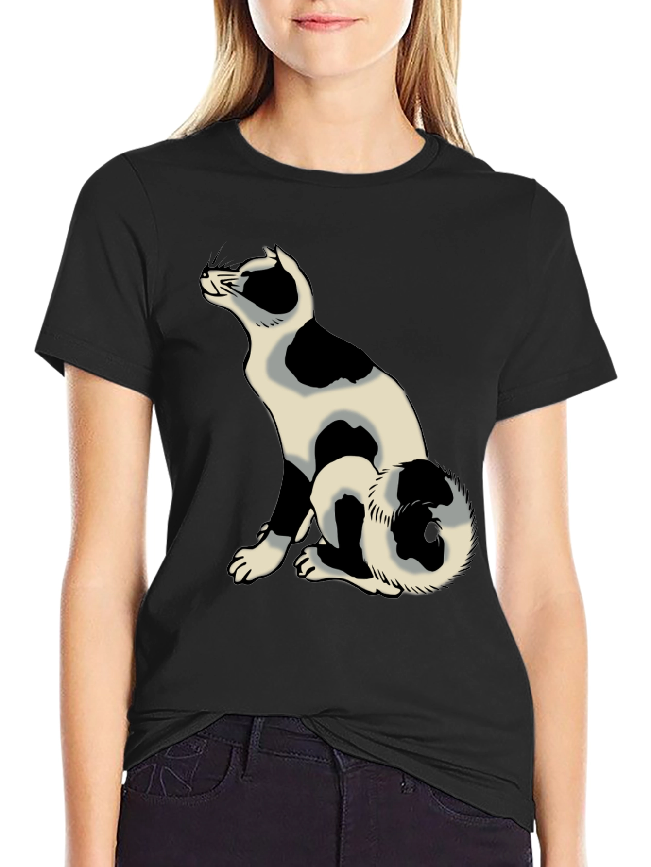 Black Tee with Spotted Cat Design